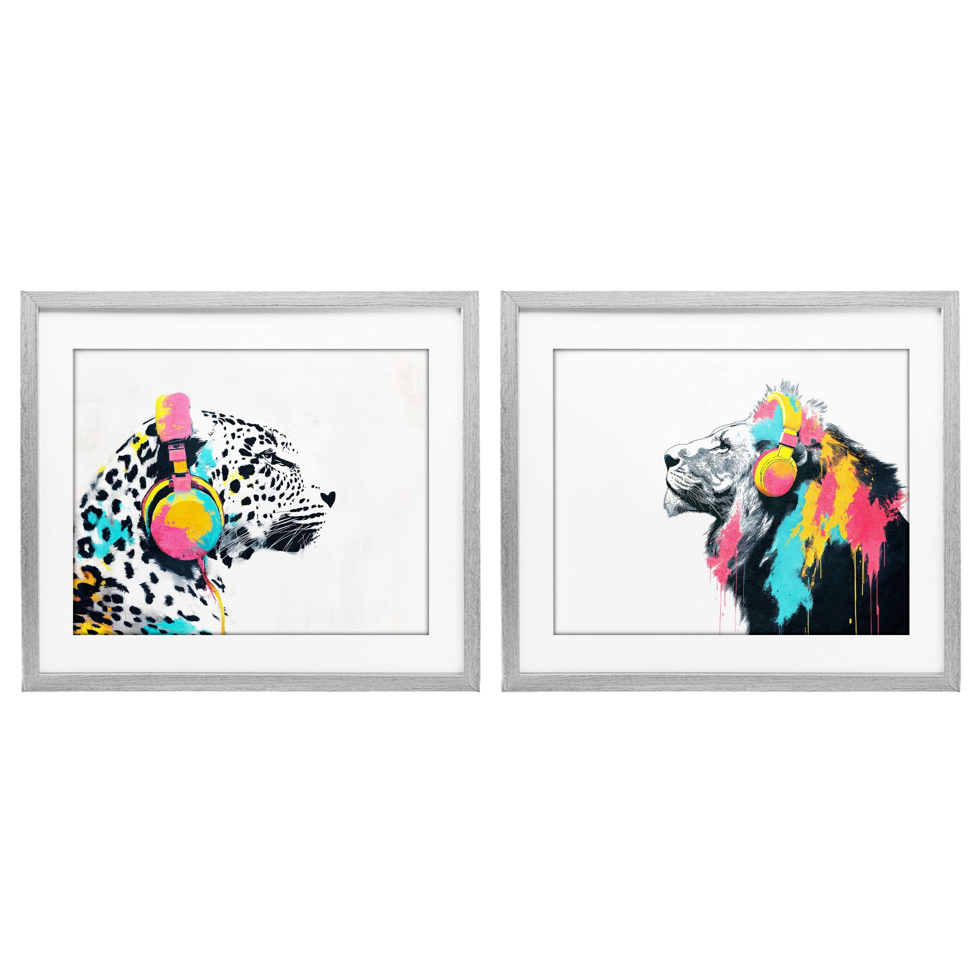 Stupell Industries Leopard and Lion On Air 2 Piece Gray Framed Print Under Glass Set, design by Svetlana Aleynikova