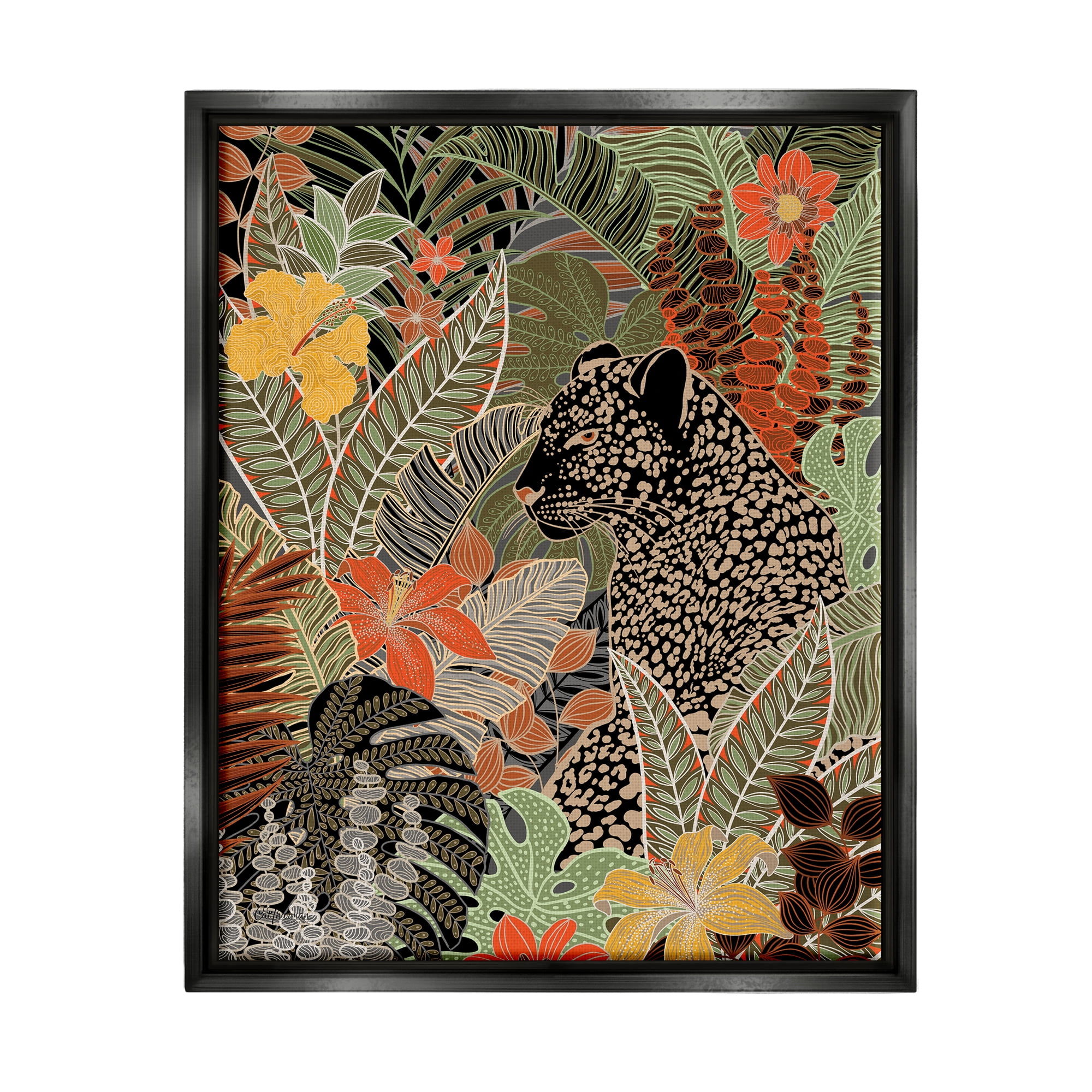 Stupell Industries Leopard in Jungle Pattern Animals & Insects Painting Black Floater Framed Art Print Wall Art, 25 x 31
