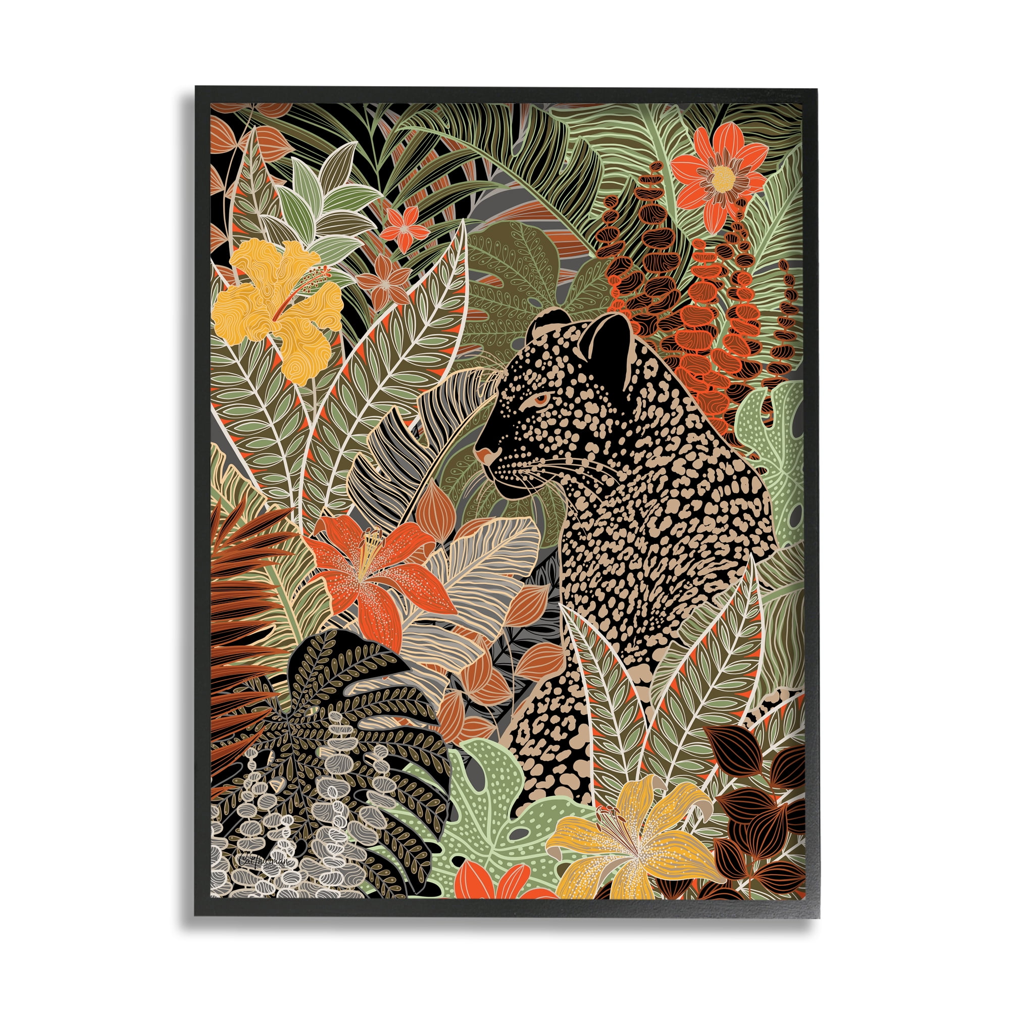 Stupell Industries Leopard in Jungle Pattern Animals & Insects Painting Black Framed Art Print Wall Art, 24 x 30