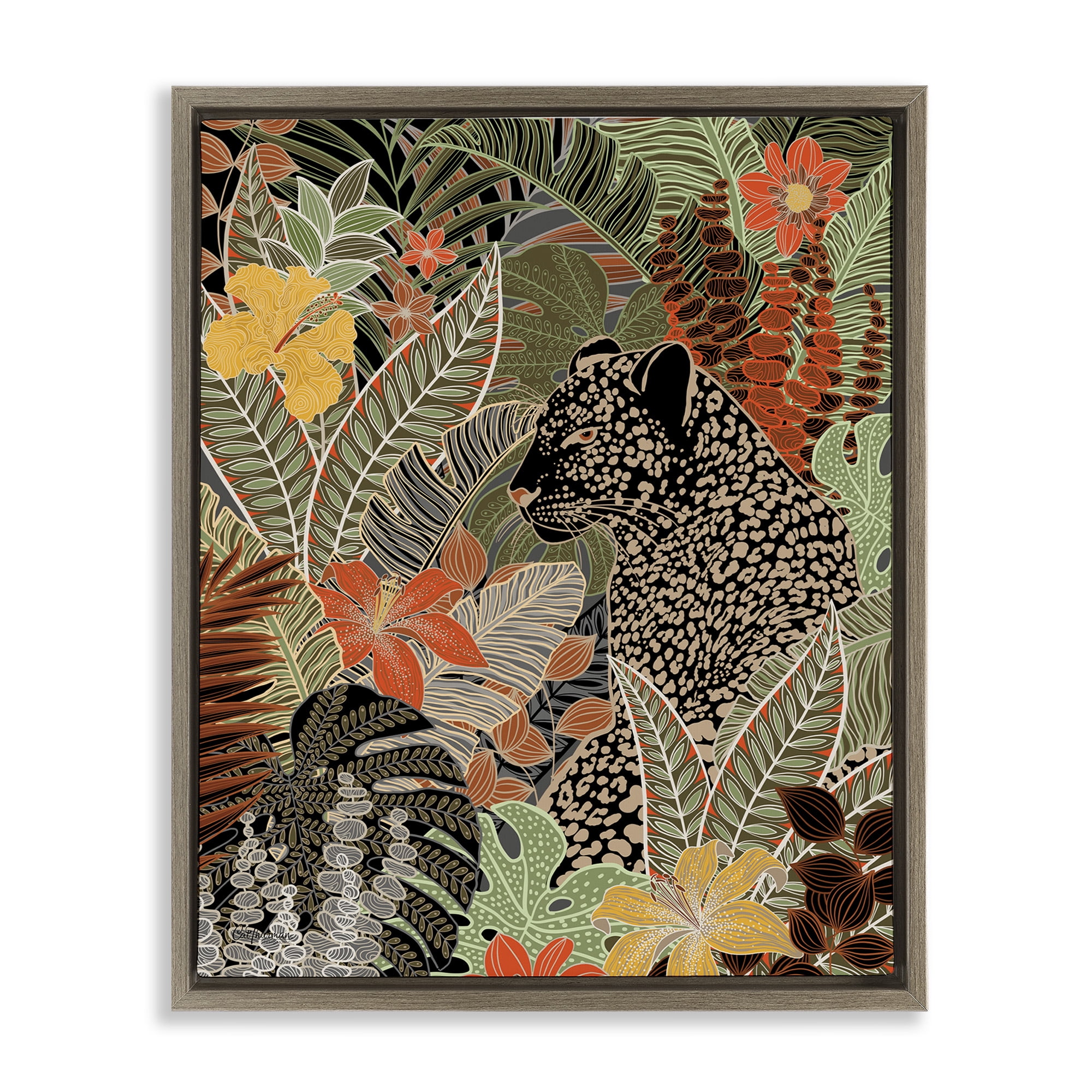 Stupell Industries Leopard in Jungle Pattern Animals & Insects Painting Brown Floater Framed Canvas Art Print Wall Art, 17 x 21