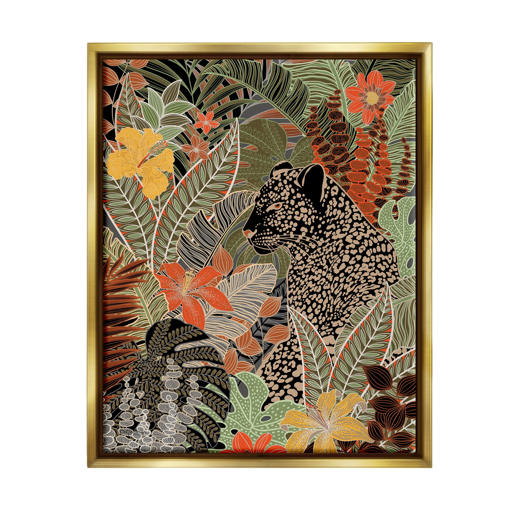 Stupell Industries Leopard in Jungle Pattern Animals & Insects Painting Gold Floater Framed Art Print Wall Art, 17 x 21