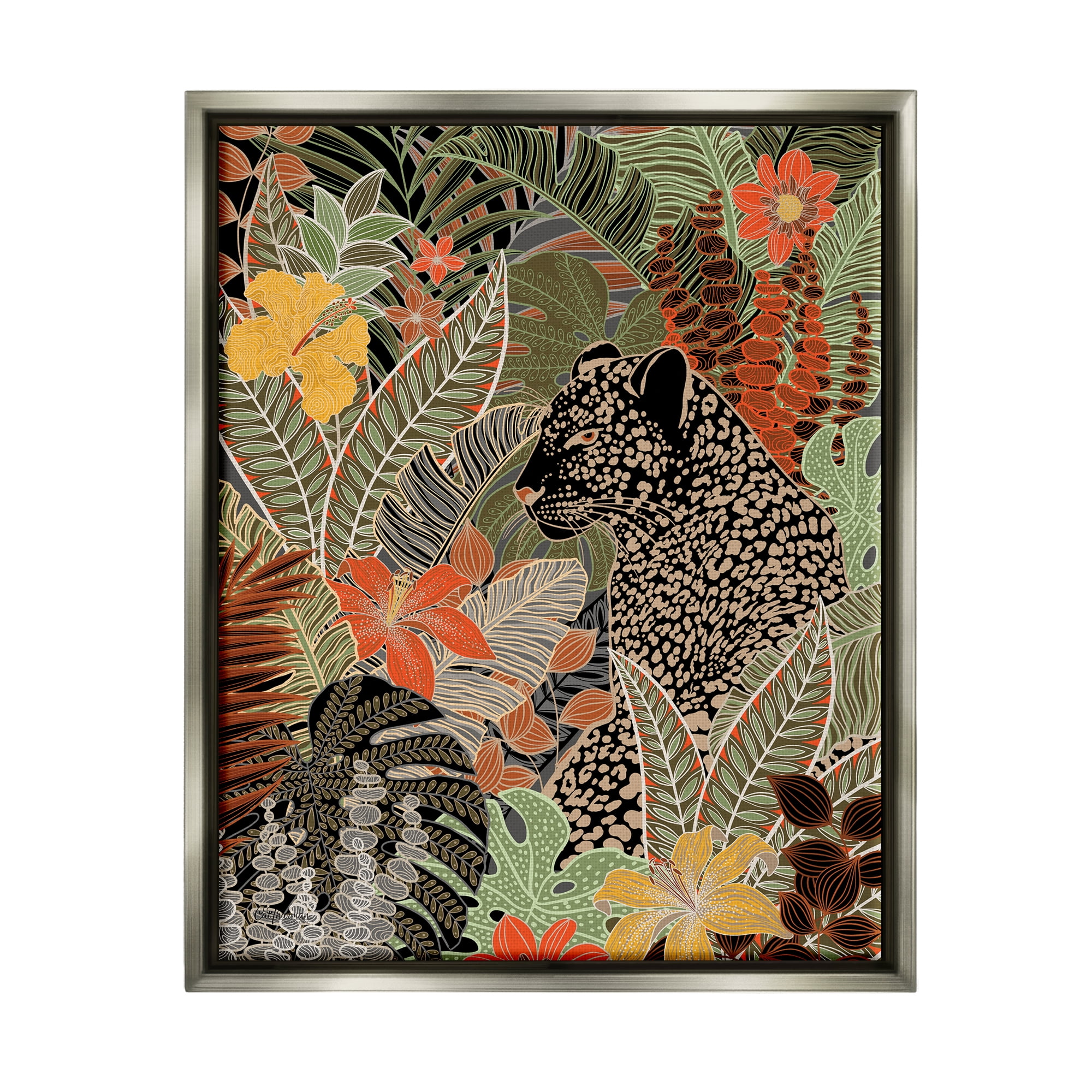 Stupell Industries Leopard in Jungle Pattern Animals & Insects Painting Gray Floater Framed Art Print Wall Art, 25 x 31