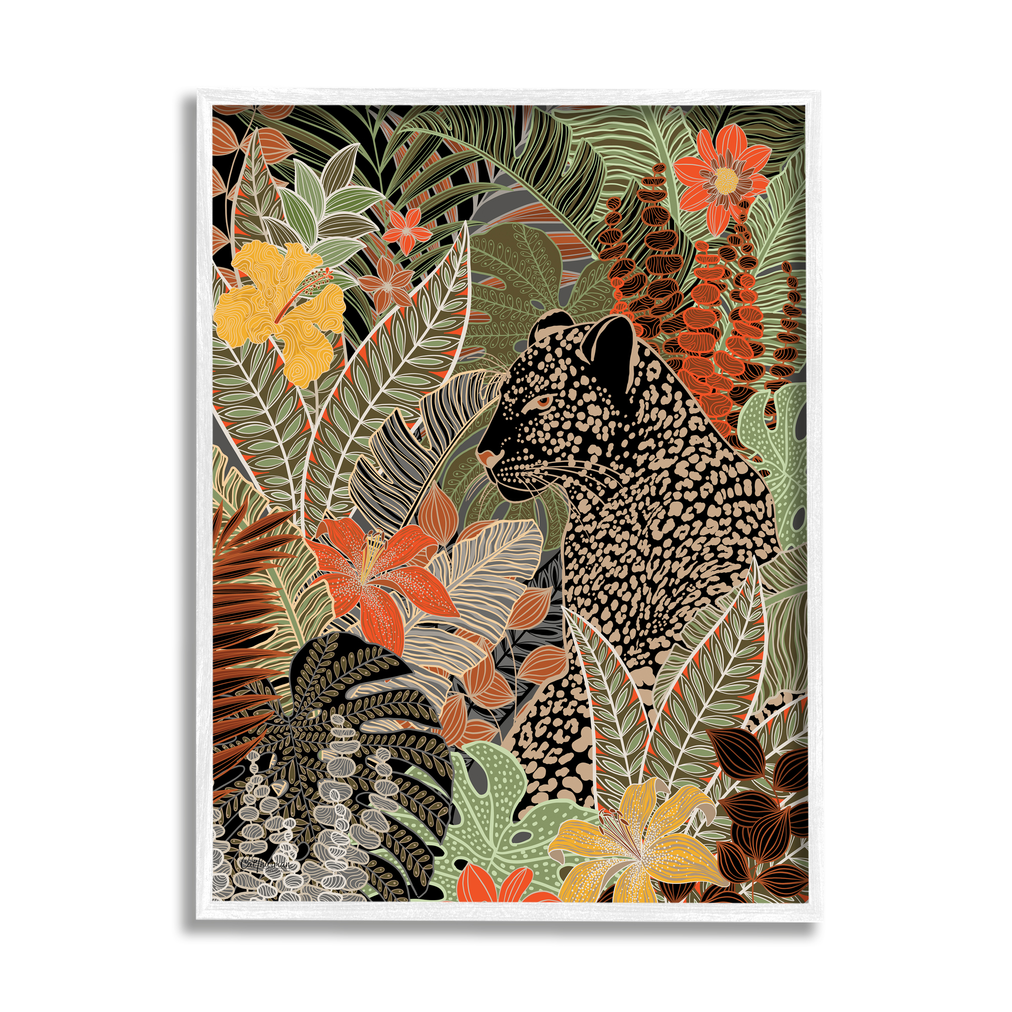 Stupell Industries Leopard in Jungle Pattern Animals & Insects Painting White Framed Art Print Wall Art, 11 x 14