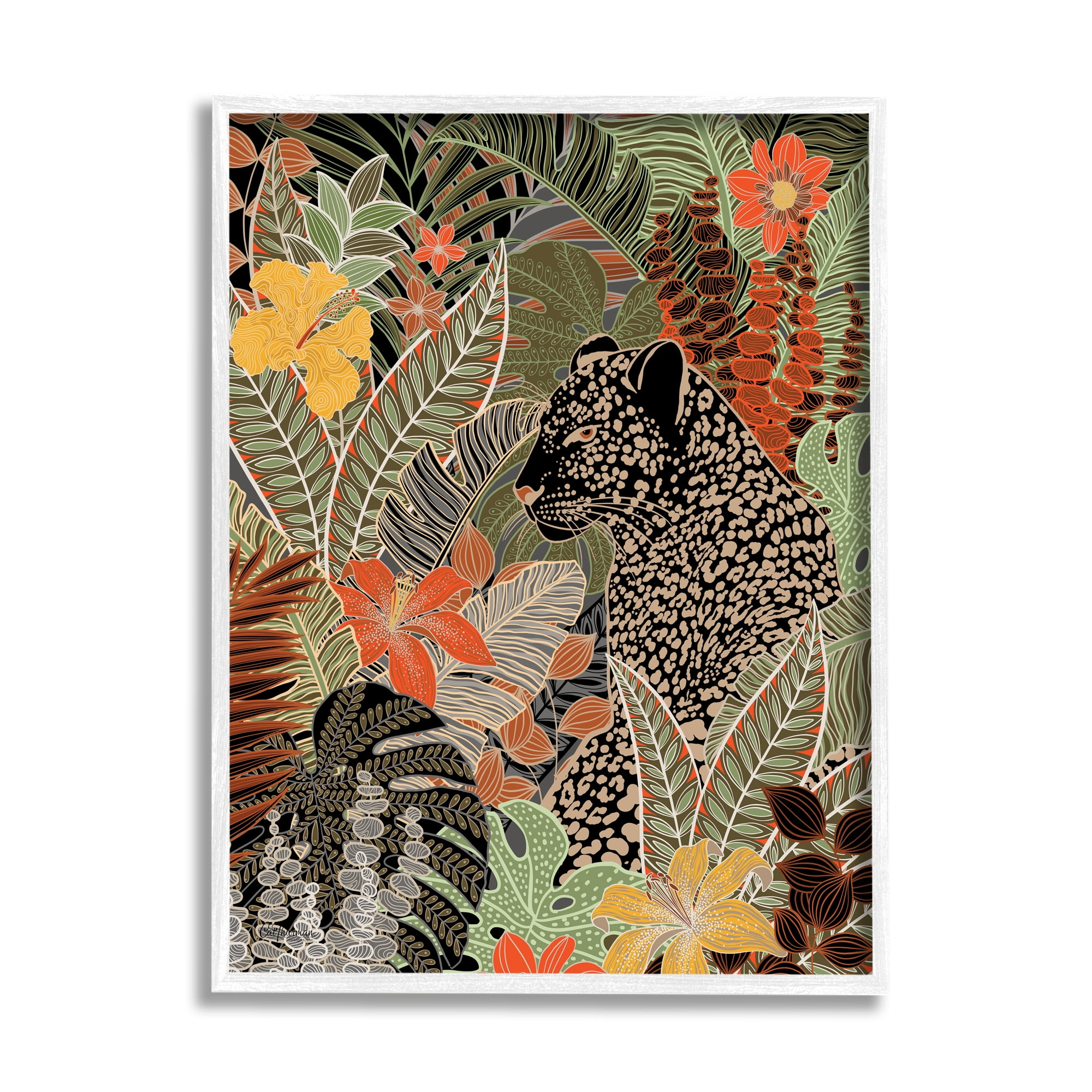 Stupell Industries Leopard in Jungle Pattern Animals & Insects Painting White Framed Art Print Wall Art, 24 x 30