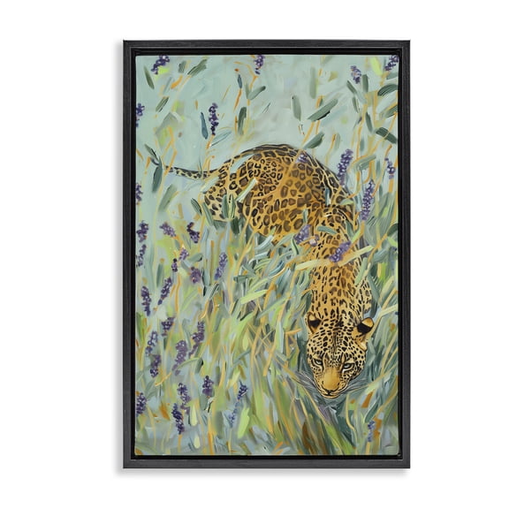Stupell Industries Leopard in Liriope Black Framed Floater Canvas Wall Art design by Amanda Tsoukanelis, 25 x 17