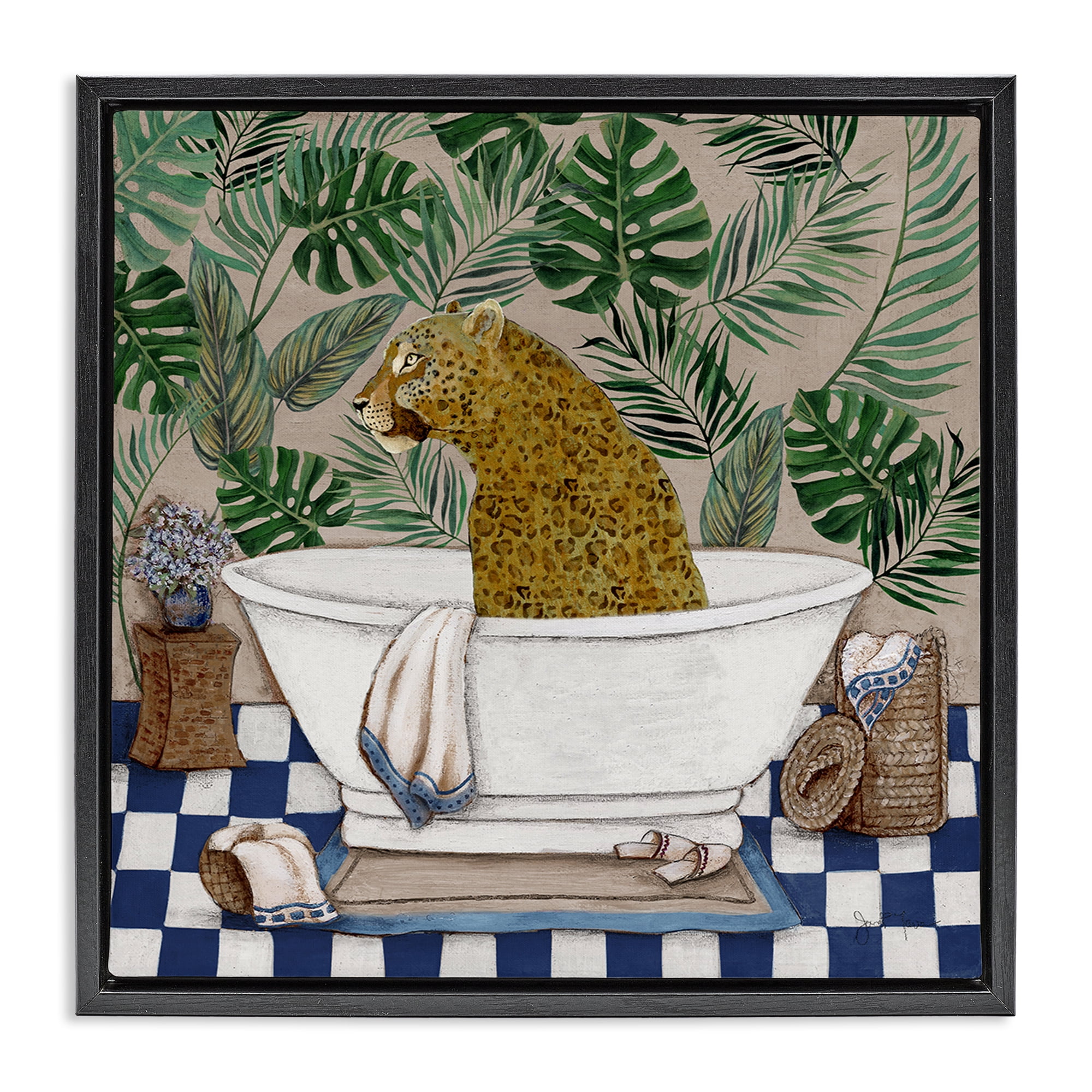 Stupell Industries Leopard in Tropical Bathtub Black Framed Floater Canvas Wall Art, design by Janet Tava