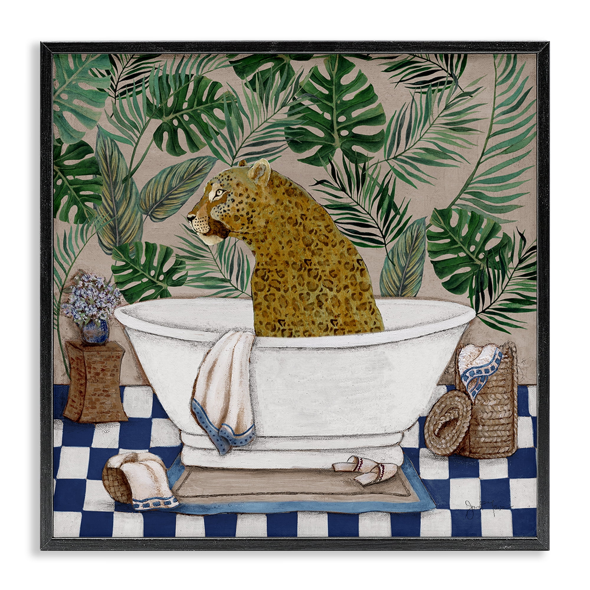 Stupell Industries Leopard in Tropical Bathtub Black Framed Giclee Art, design by Janet Tava