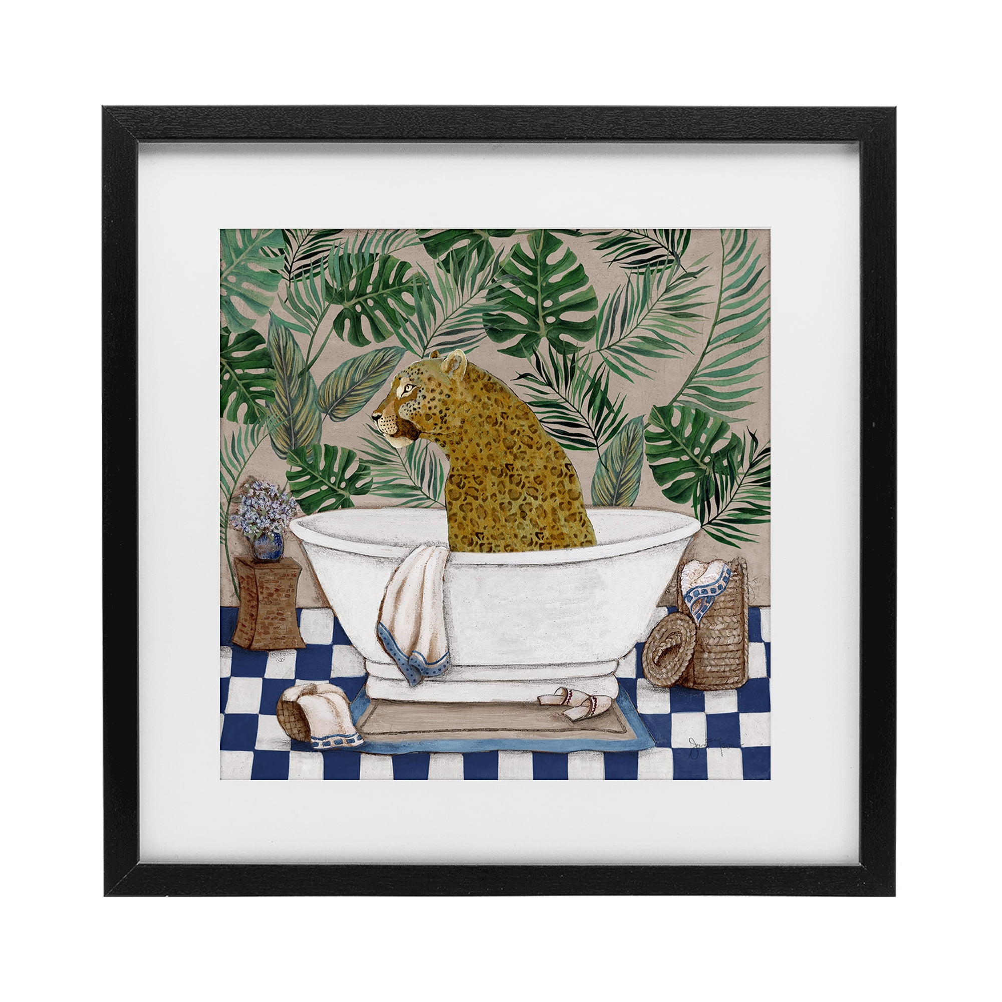 Stupell Industries Leopard in Tropical Bathtub Black Framed Print Under Glass, design by Janet Tava