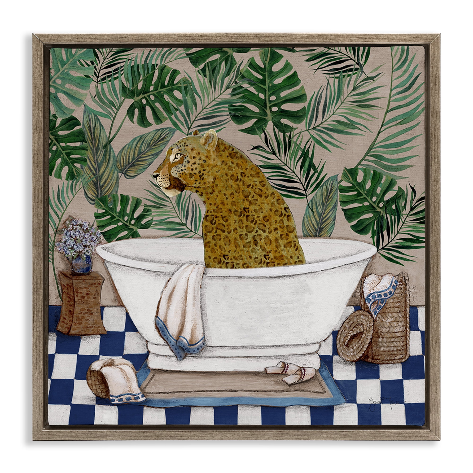 Stupell Industries Leopard in Tropical Bathtub Brown Framed Floater Canvas Wall Art, design by Janet Tava