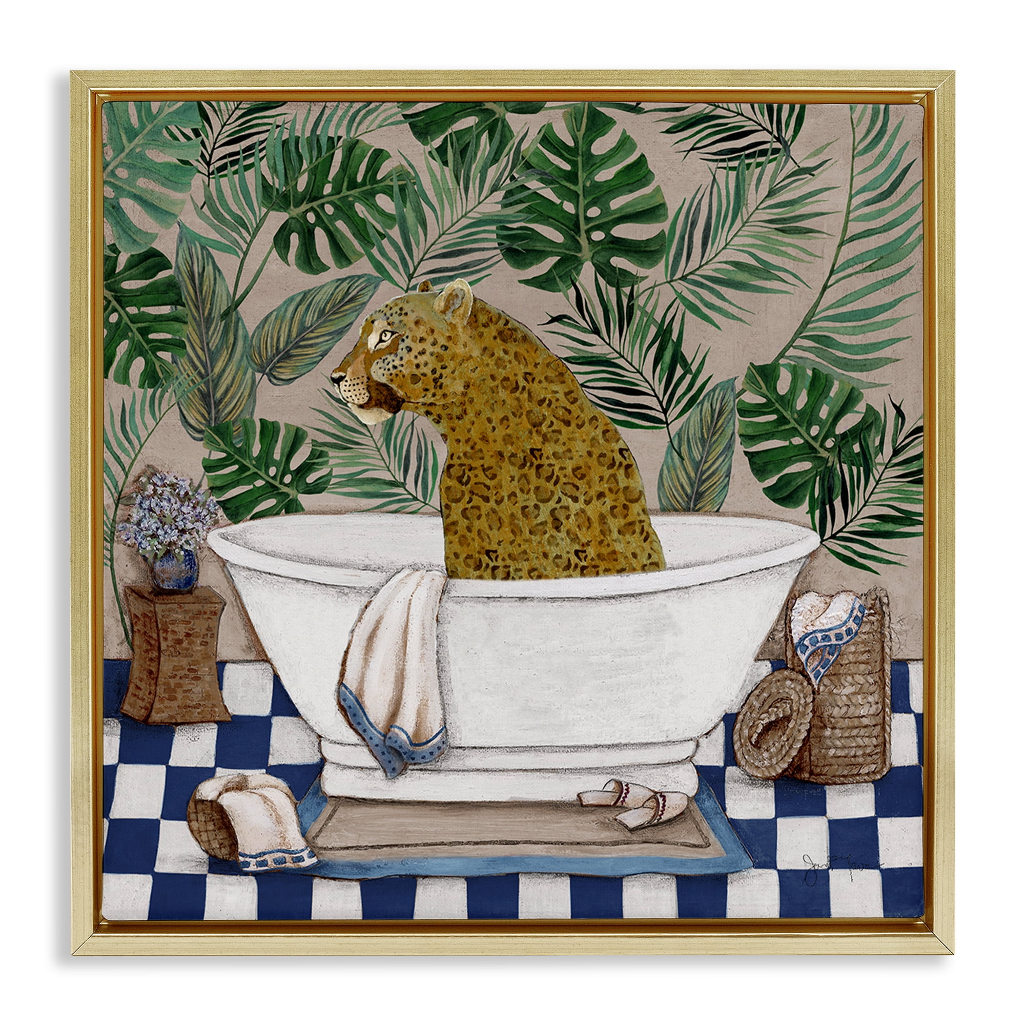Stupell Industries Leopard in Tropical Bathtub Gold Framed Floater Canvas Wall Art, design by Janet Tava