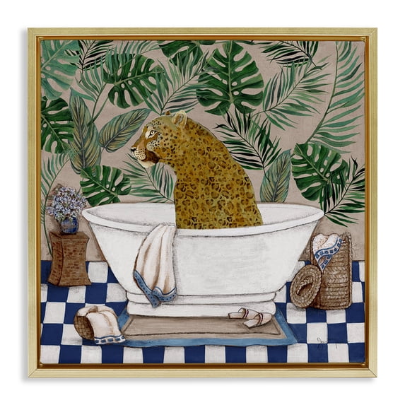 Stupell Industries Coastal Leopard in Tropical Bathtub Gold Floating Frame Canvas Art, 18 x 18, by Janet Tava