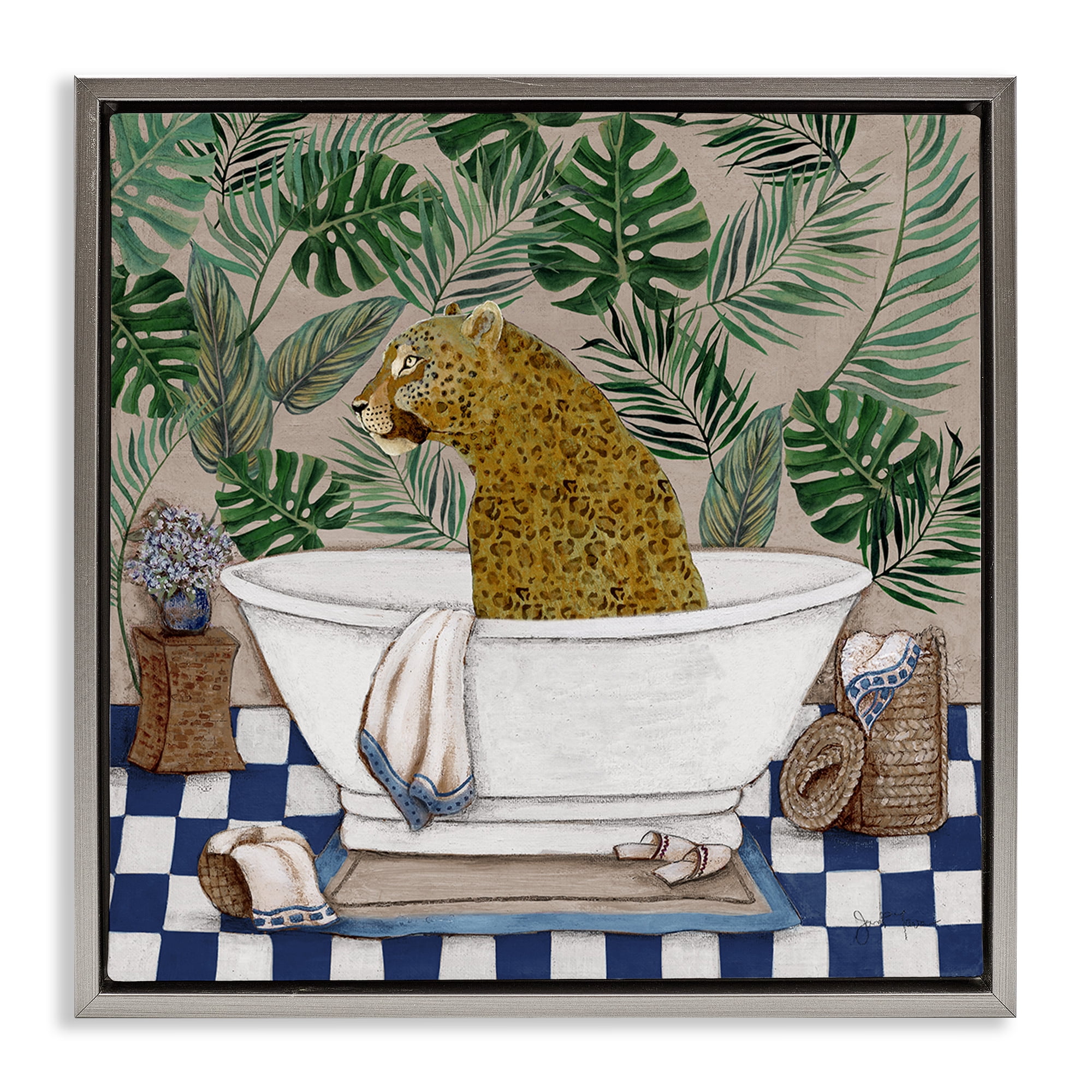 Stupell Industries Leopard in Tropical Bathtub Gray Framed Floater Canvas Wall Art, design by Janet Tava