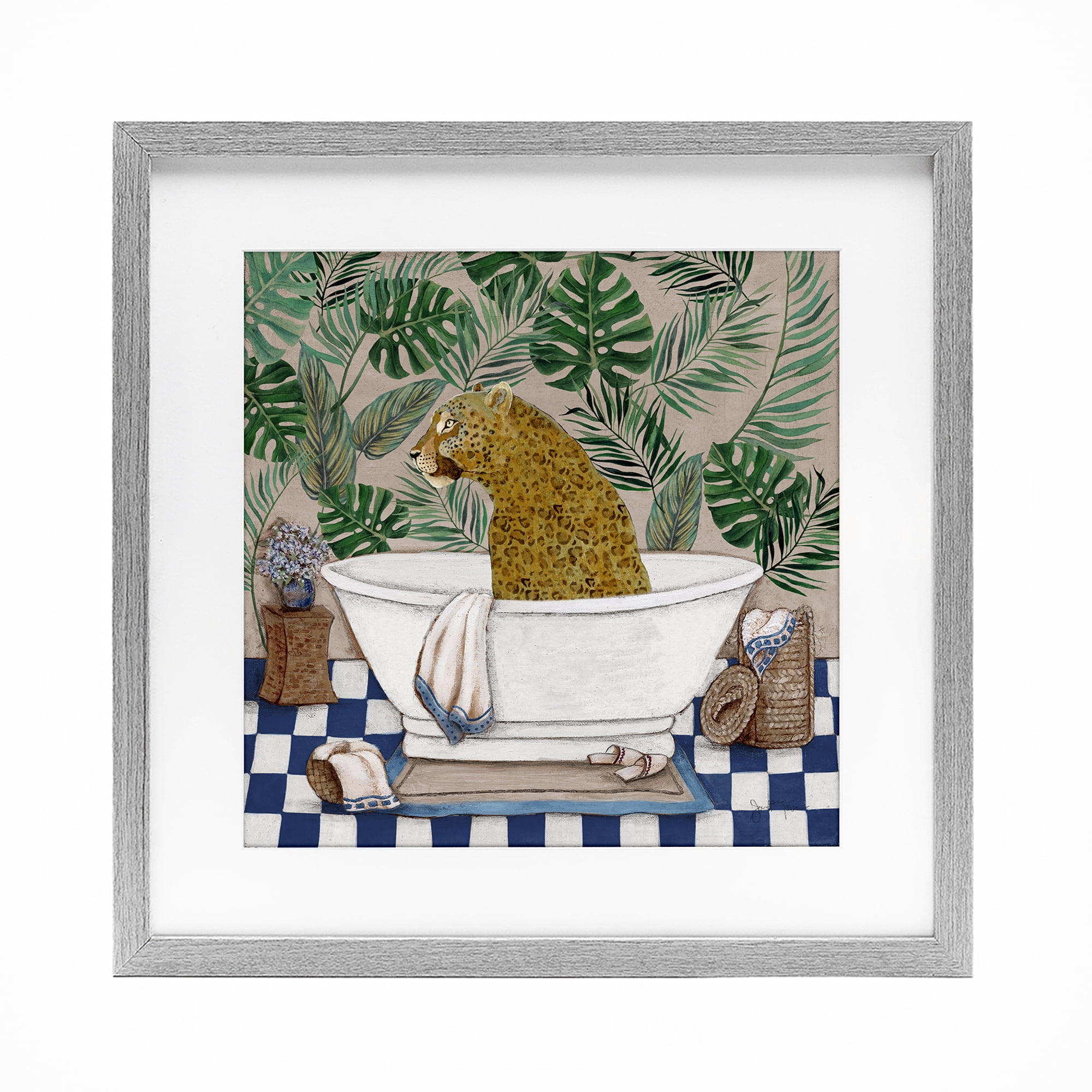 Stupell Industries Leopard in Tropical Bathtub Gray Framed Print Under Glass, design by Janet Tava