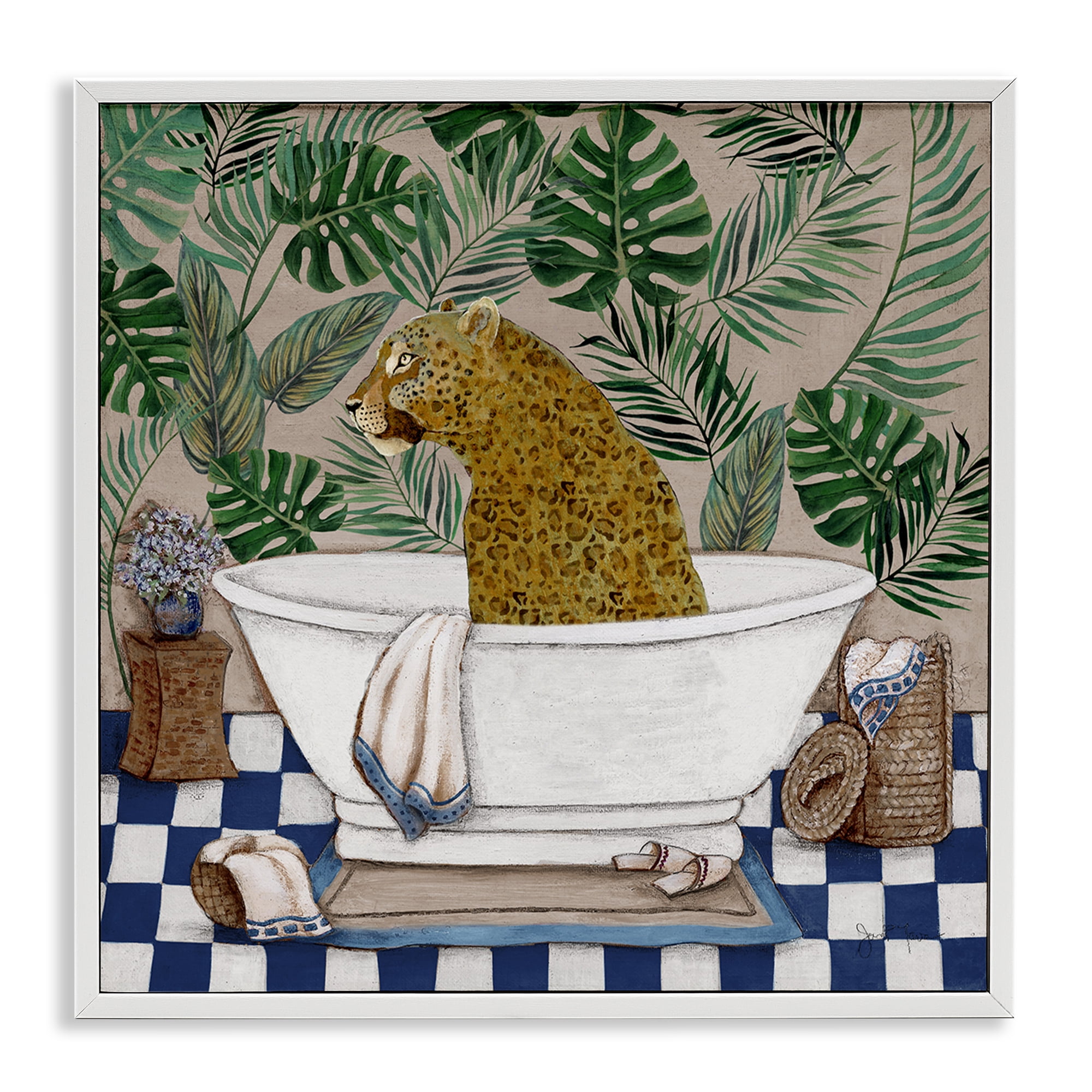 Stupell Industries Leopard in Tropical Bathtub White Framed Giclee Art, design by Janet Tava