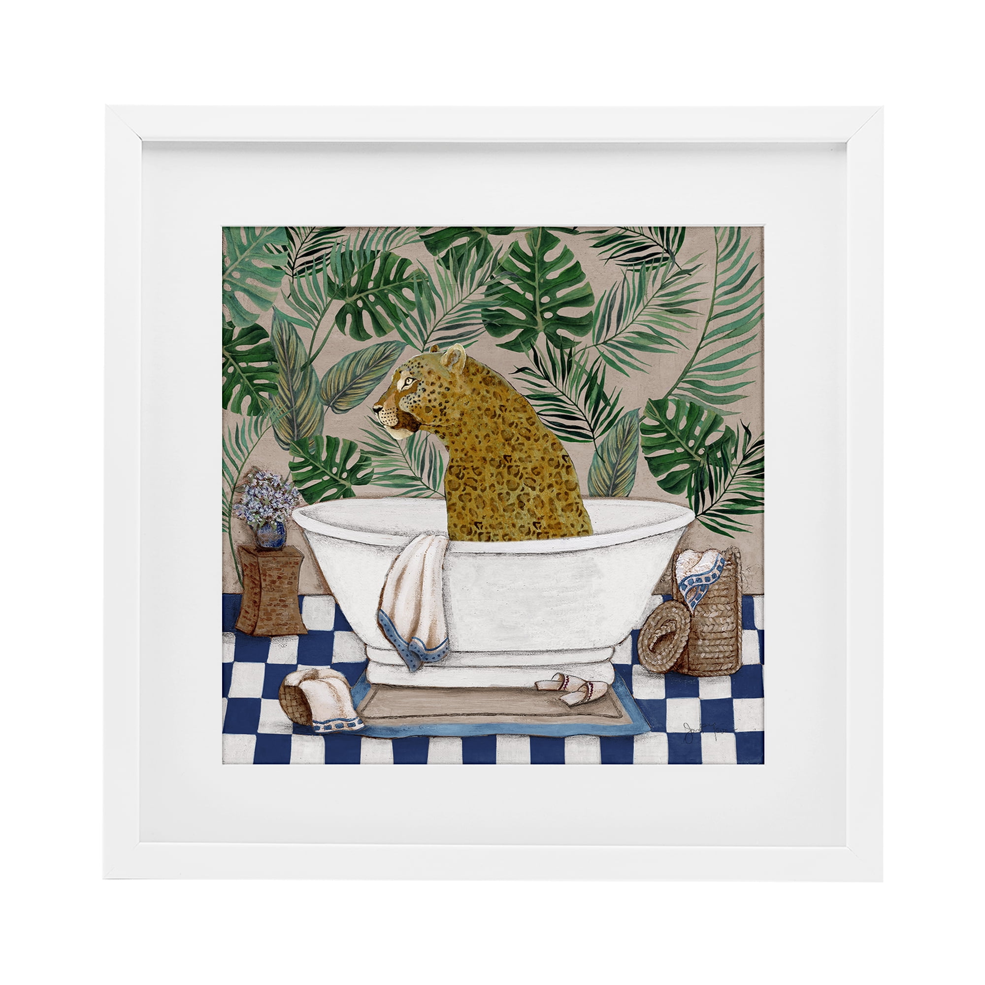 Stupell Industries Leopard in Tropical Bathtub White Framed Print Under Glass, design by Janet Tava