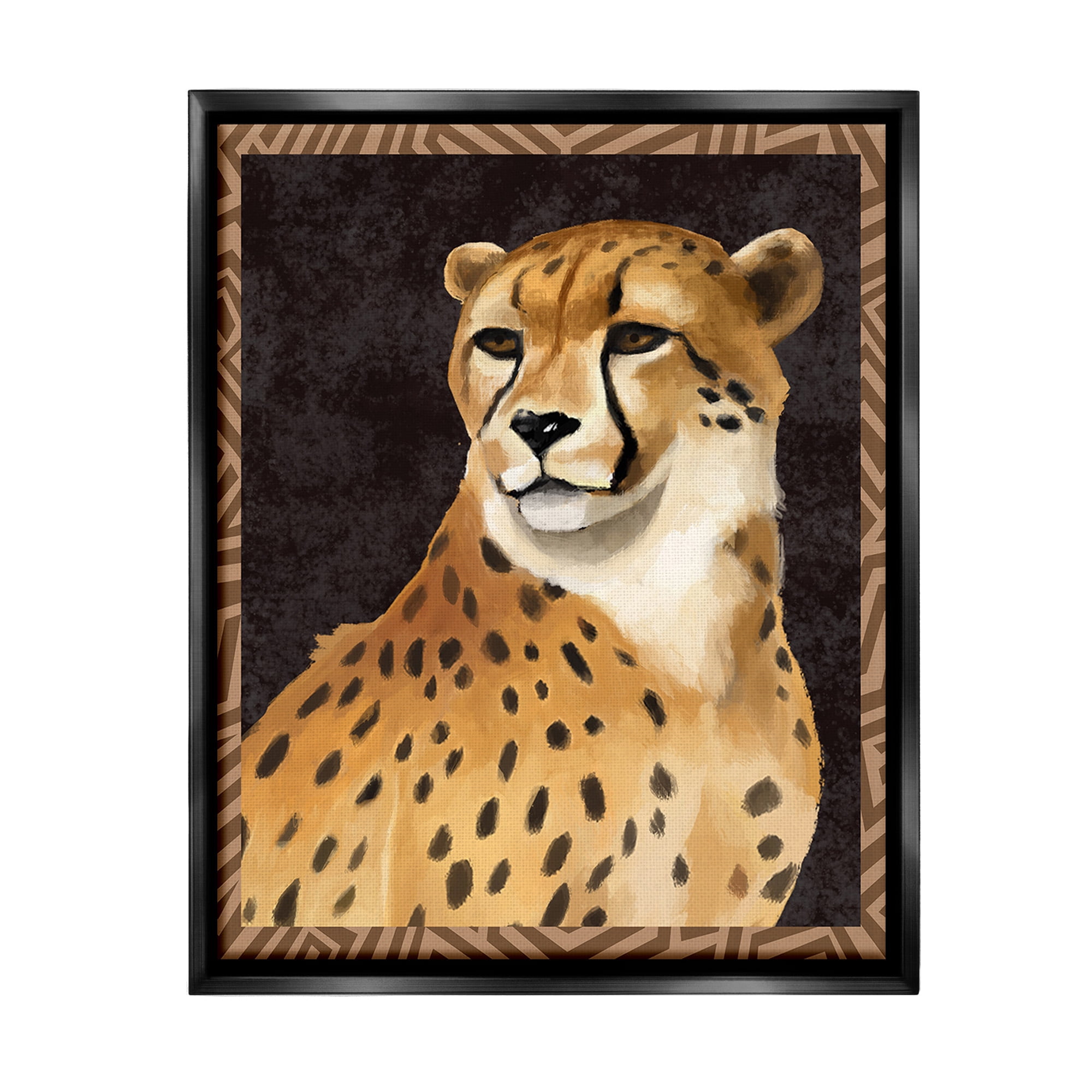 Stupell Industries Leopard with Geometric Border Animals & Insects Painting Black Floater Framed Canvas Art Print Wall Art, 25 x 31