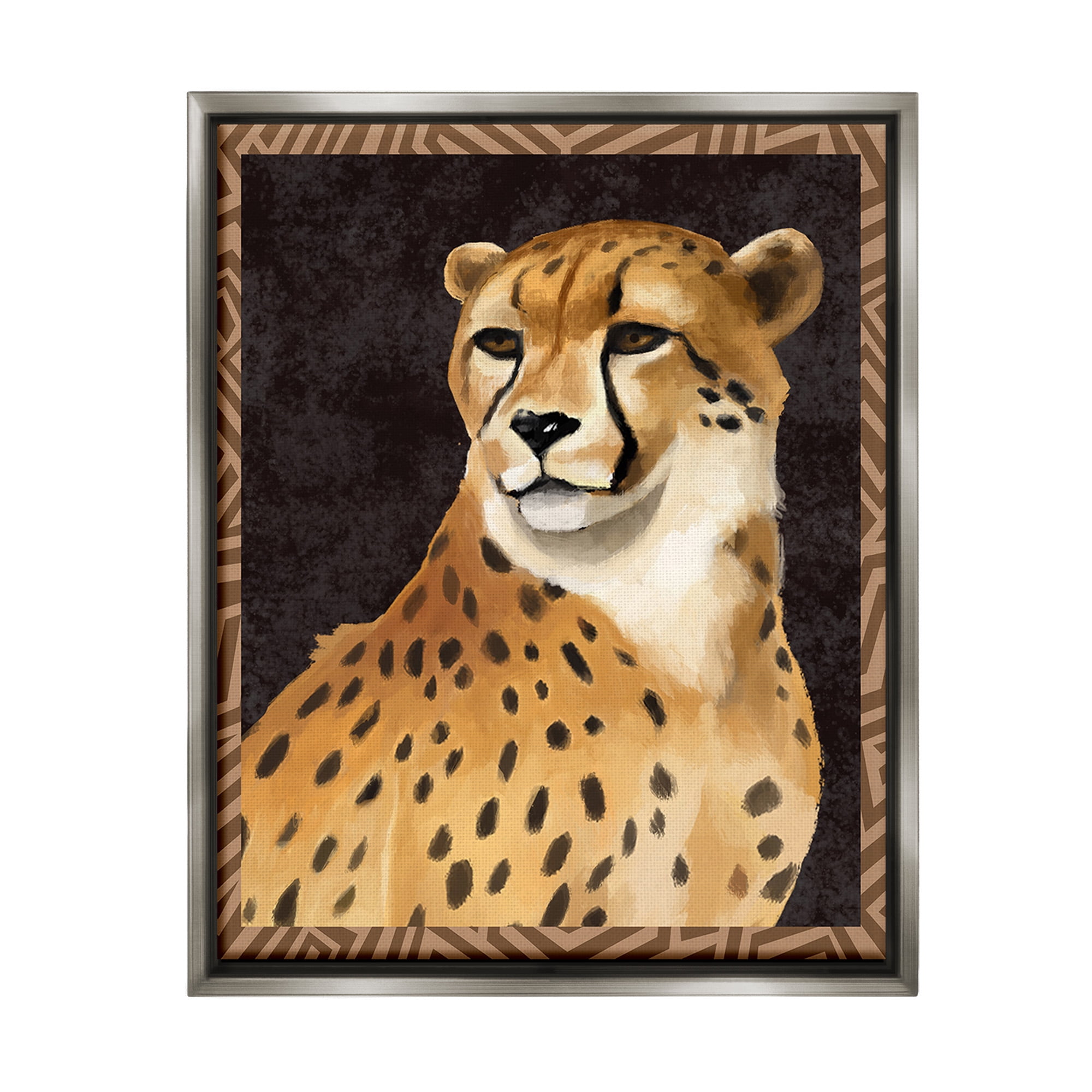 Leopard with Geometric Border Gray Framed Canvas Art Print