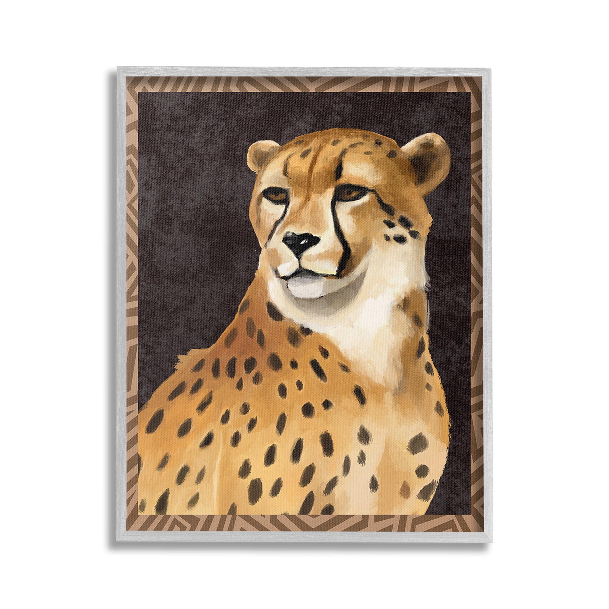 Stupell Industries Leopard with Geometric Border Animals & Insects Painting Gray Framed Art Print Wall Art, 16 x 20