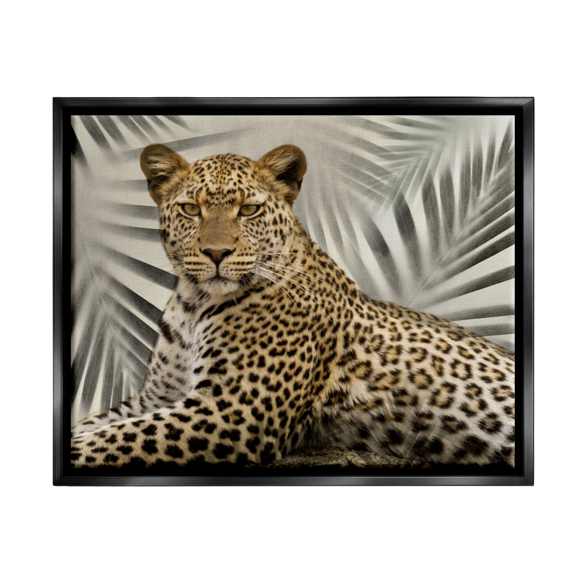 Stupell Industries Leopard with Palm Fronds Animals & Insects Painting Black Floater Framed Canvas Art Print Wall Art, 31 x 25