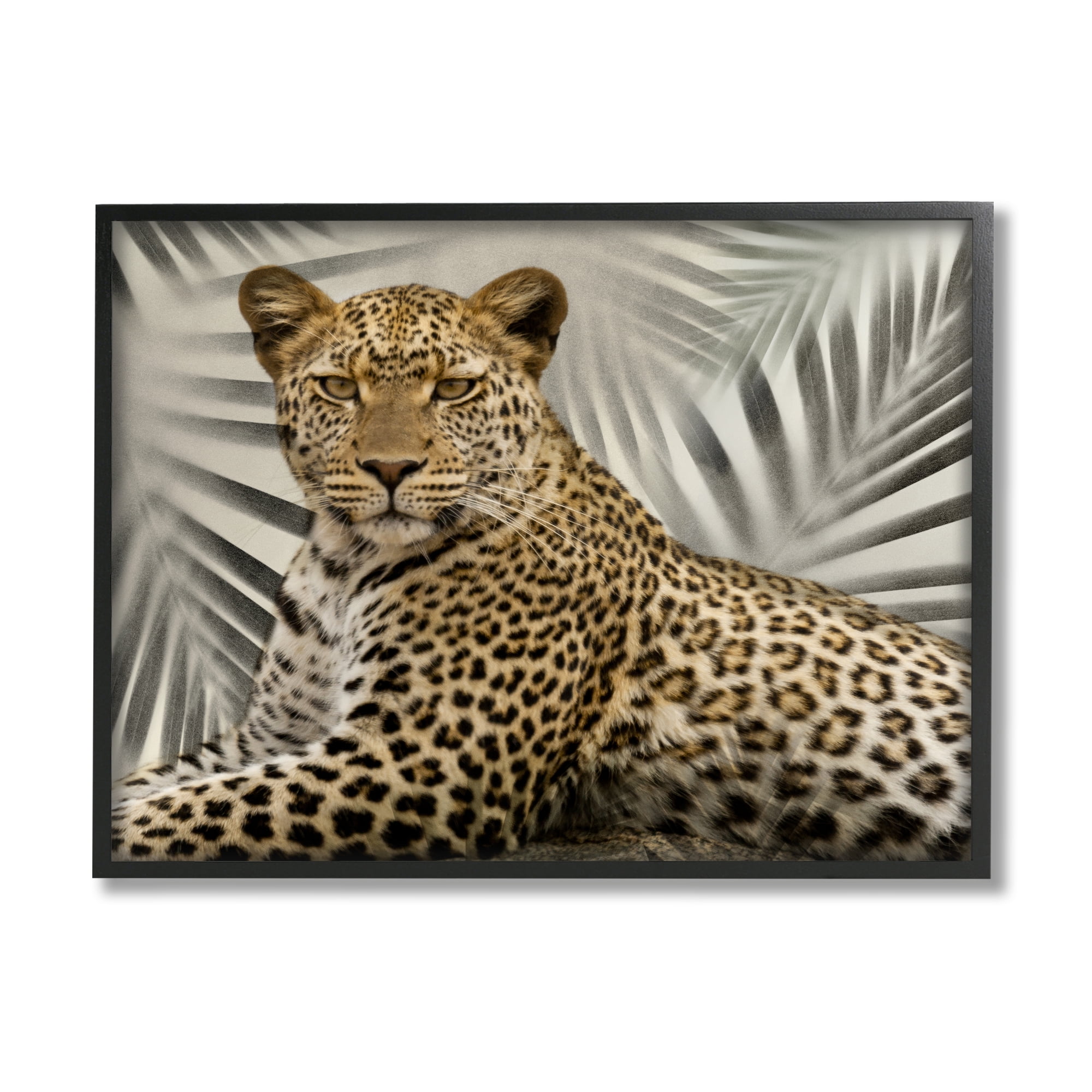 Stupell Industries Leopard with Palm Fronds Animals & Insects Painting Black Framed Art Print Wall Art, 20 x 16