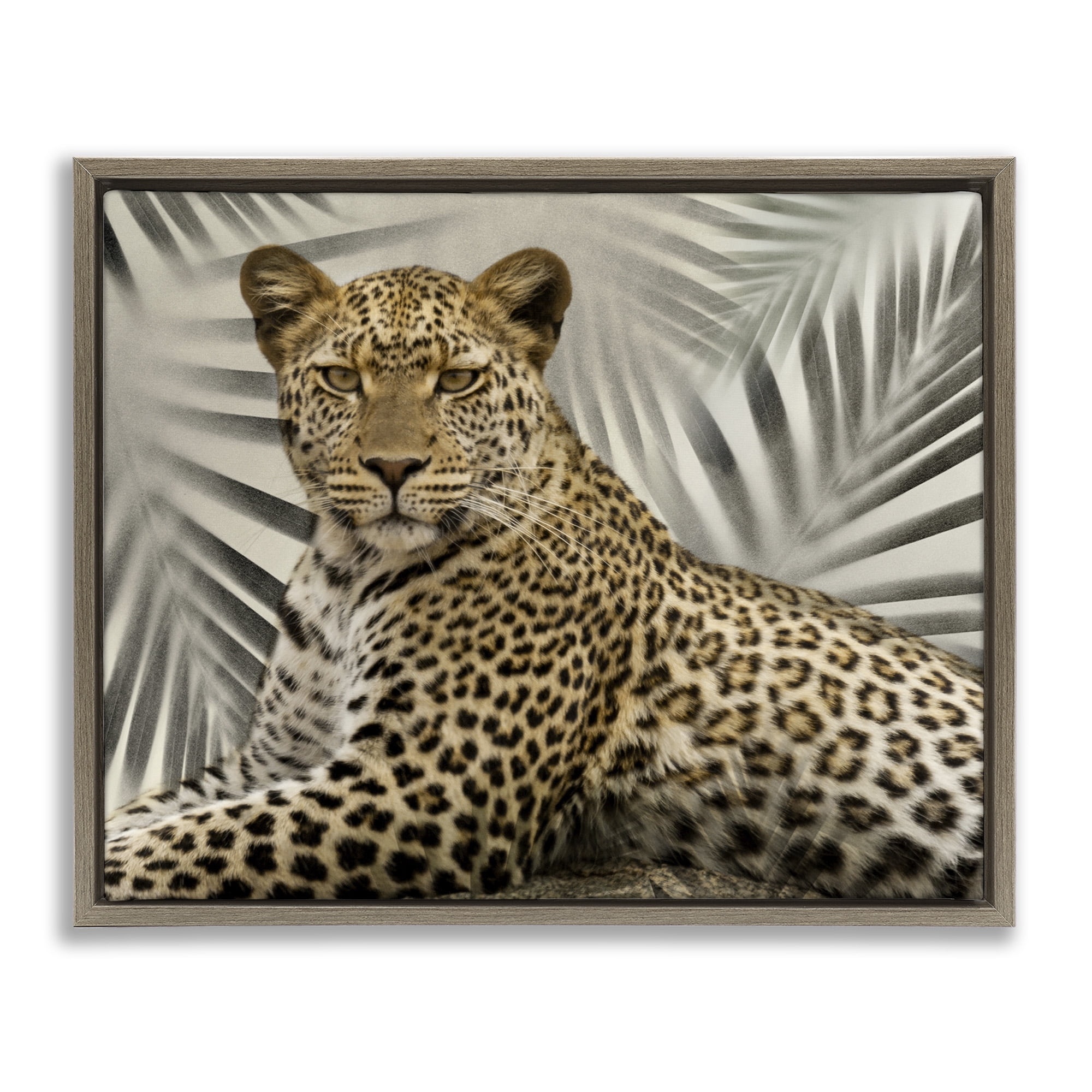 Stupell Industries Leopard with Palm Fronds Animals & Insects Painting Brown Floater Framed Canvas Art Print Wall Art, 21 x 17