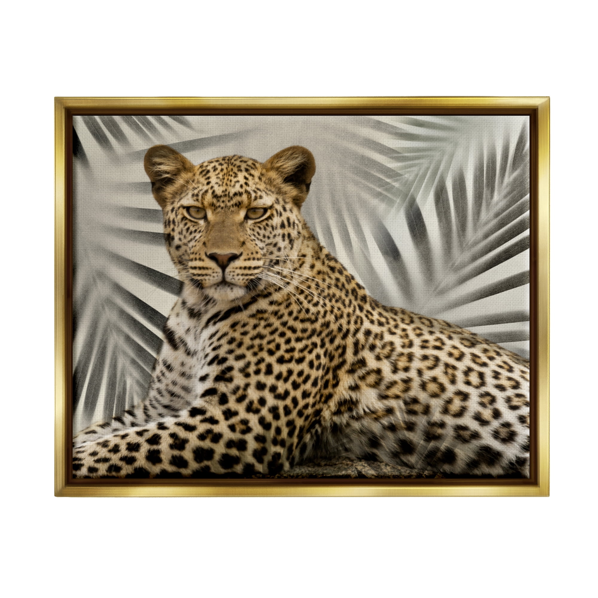 Stupell Industries Leopard with Palm Fronds Animals & Insects Painting Gold Floater Framed Canvas Art Print Wall Art, 31 x 25