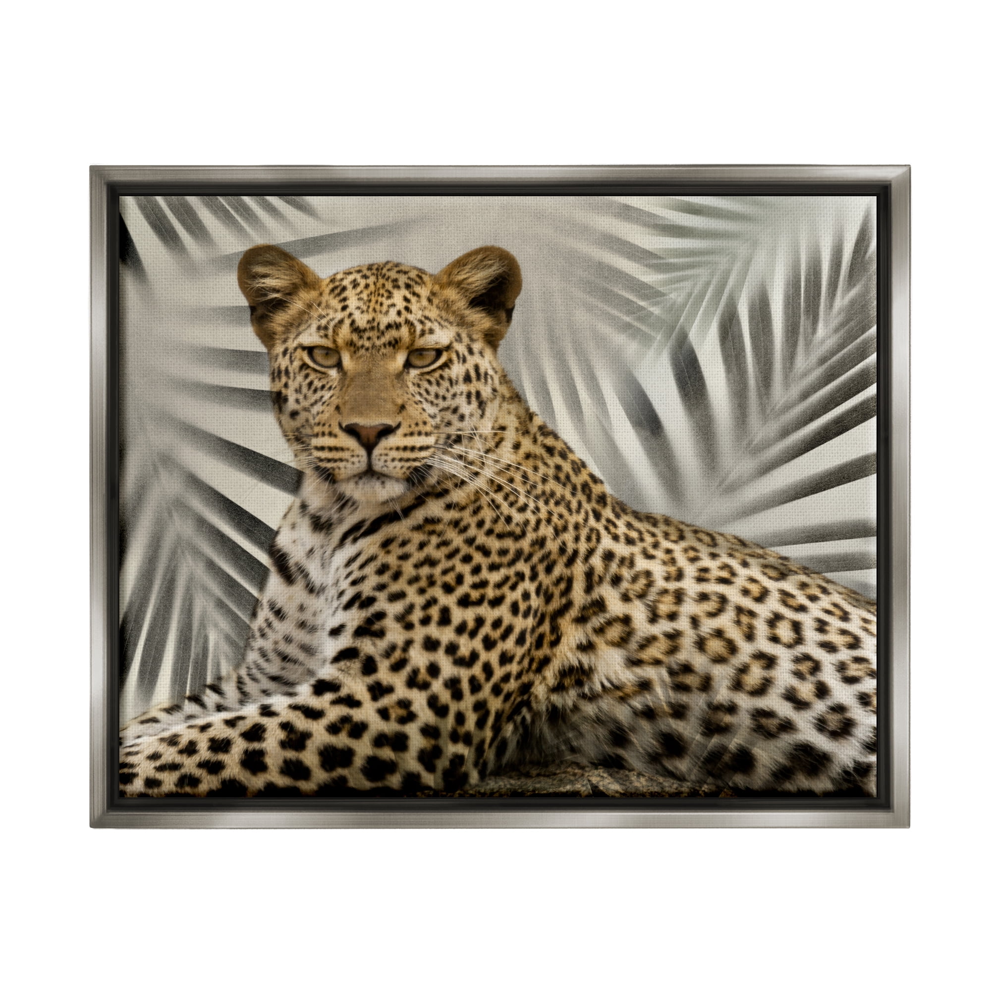 Stupell Industries Leopard with Palm Fronds Animals & Insects Painting Gray Floater Framed Canvas Art Print Wall Art, 21 x 17