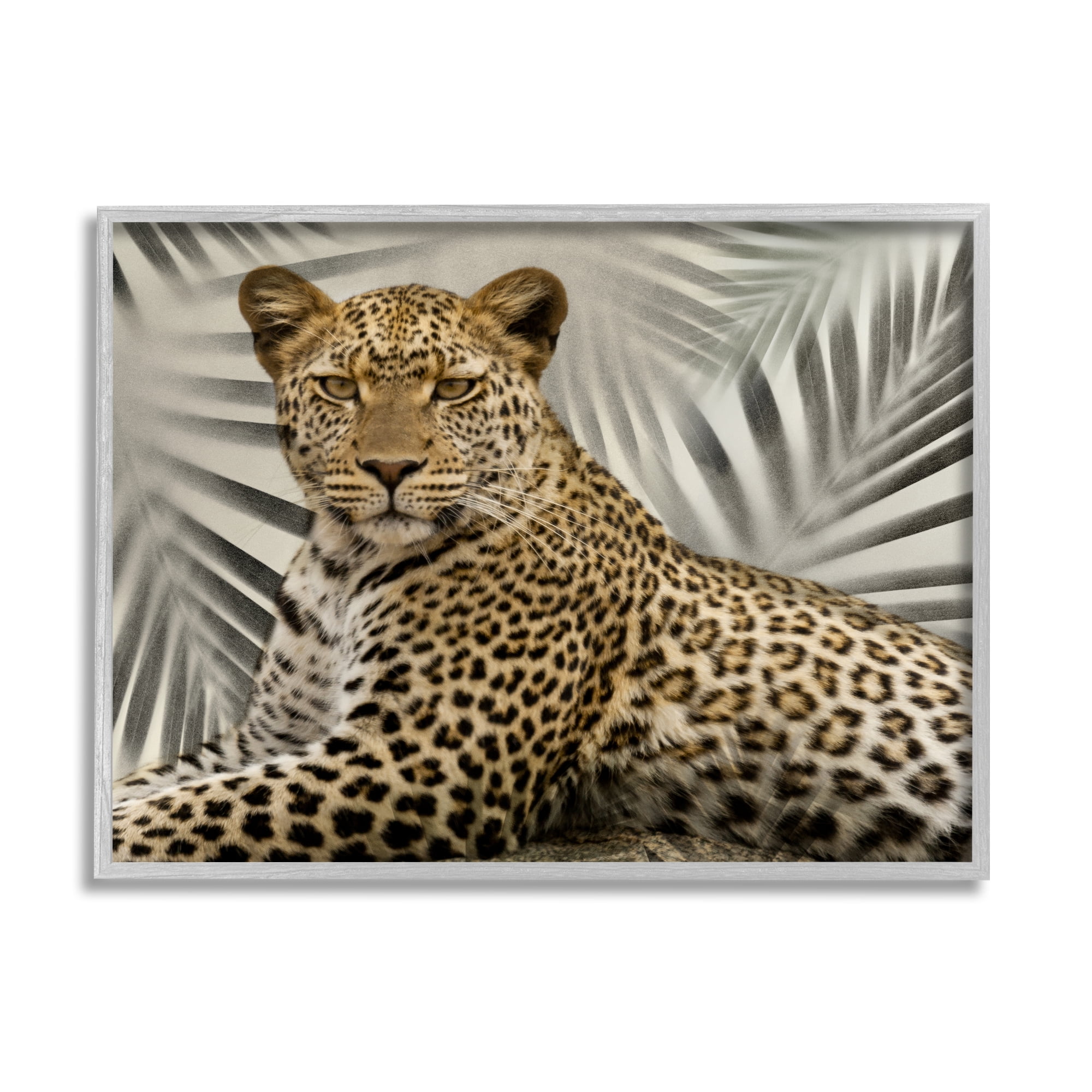 Stupell Industries Leopard with Palm Fronds Animals & Insects Painting Gray Framed Art Print Wall Art, 20 x 16