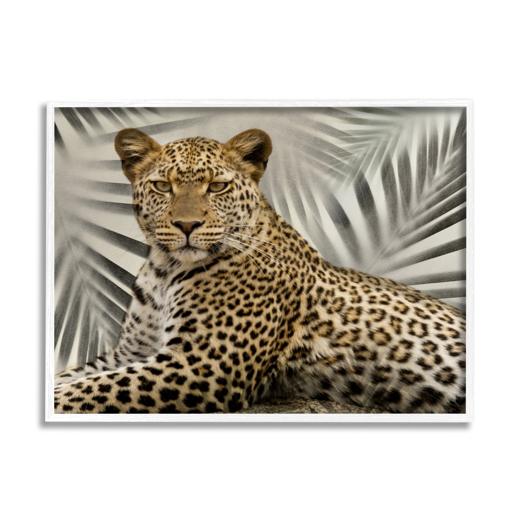 Stupell Industries Leopard with Palm Fronds Animals & Insects Painting White Framed Art Print Wall Art, 14 x 11