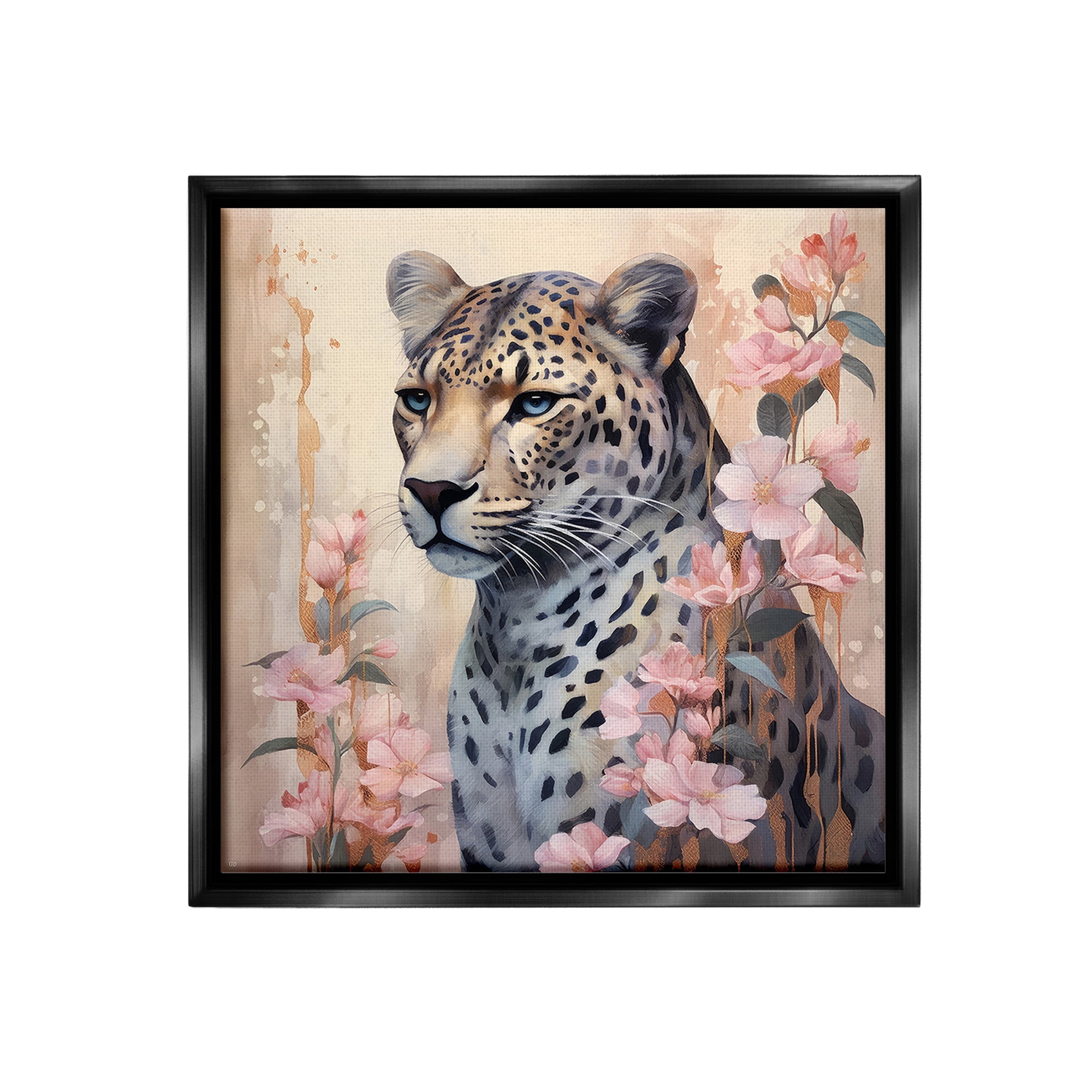 Stupell Industries Leopard with Pink Flowers Animals & Insects Painting Black Floater Framed Canvas Art Print Wall Art, 25 x 25