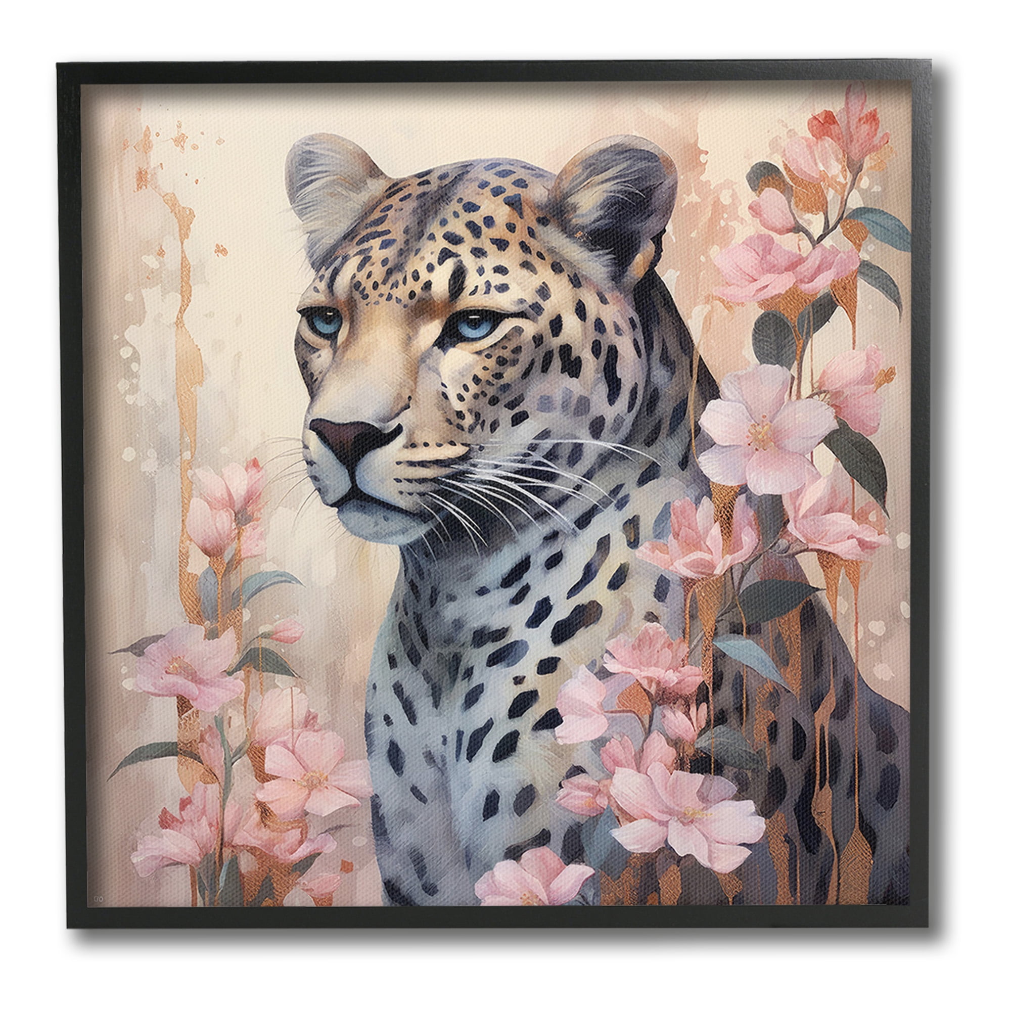 Stupell Industries Leopard with Pink Flowers Animals & Insects Painting Black Framed Art Print Wall Art, 24 x 24