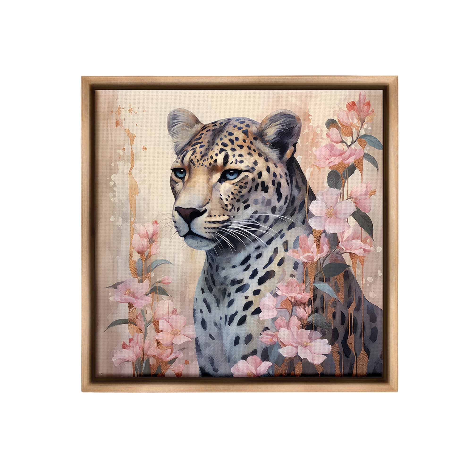 Stupell Industries Leopard with Pink Flowers Animals & Insects Painting Brown Floater Framed Canvas Art Print Wall Art, 18 x 18