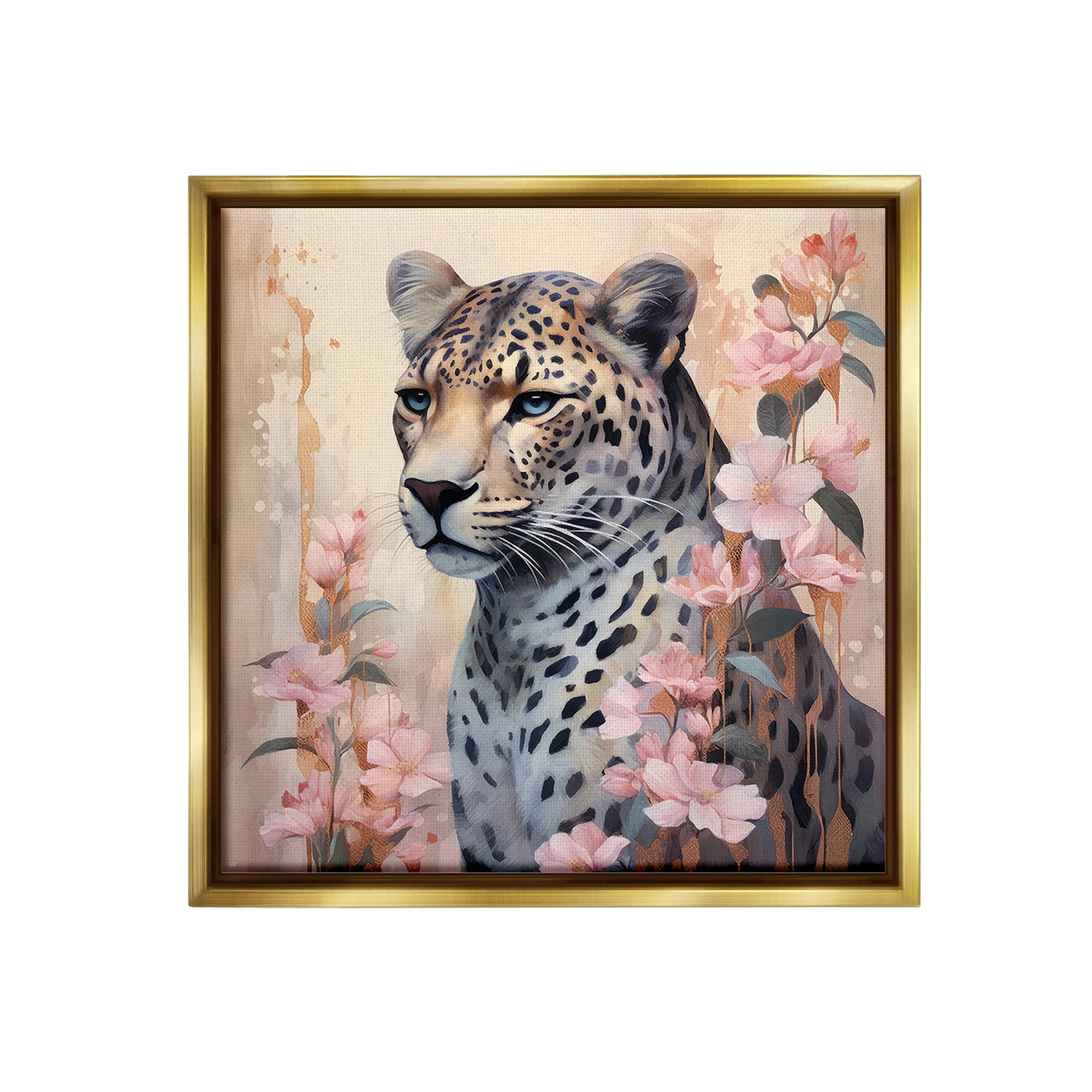 Stupell Industries Leopard with Pink Flowers Animals & Insects Painting Gold Floater Framed Canvas Art Print Wall Art, 25 x 25