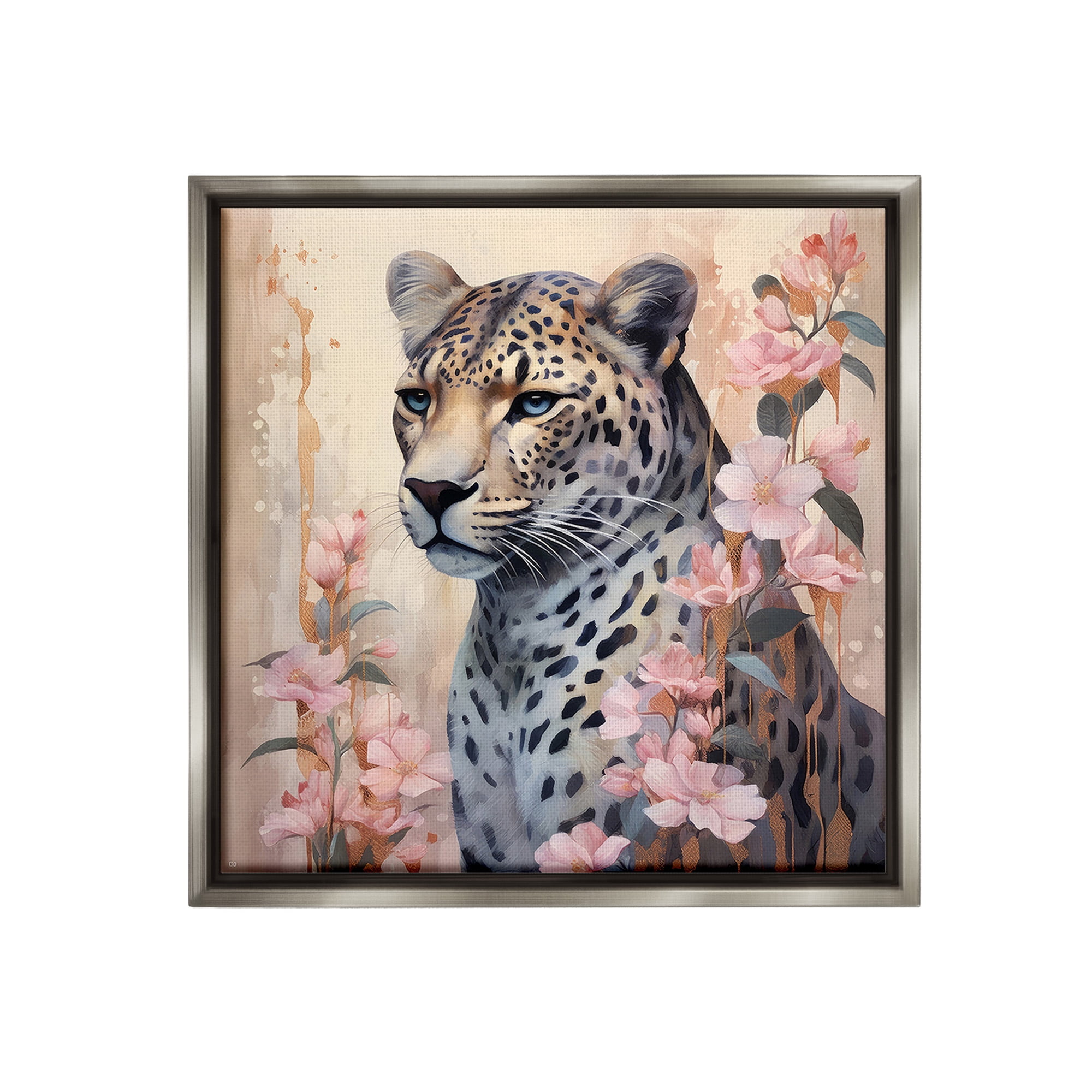 Stupell Industries Leopard with Pink Flowers Animals & Insects Painting Gray Floater Framed Canvas Art Print Wall Art, 18 x 18