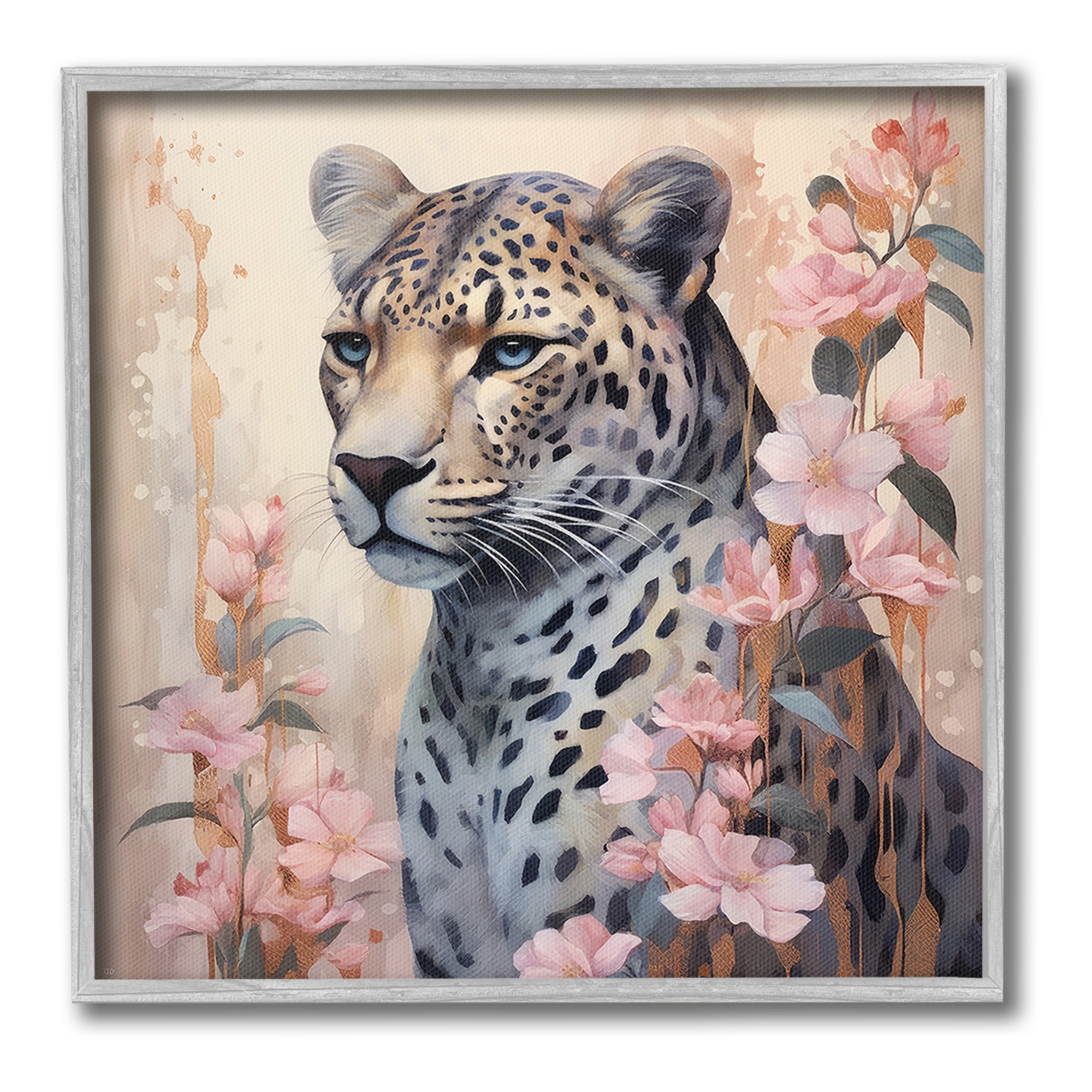 Stupell Industries Leopard with Pink Flowers Animals & Insects Painting Gray Framed Art Print Wall Art, 24 x 24