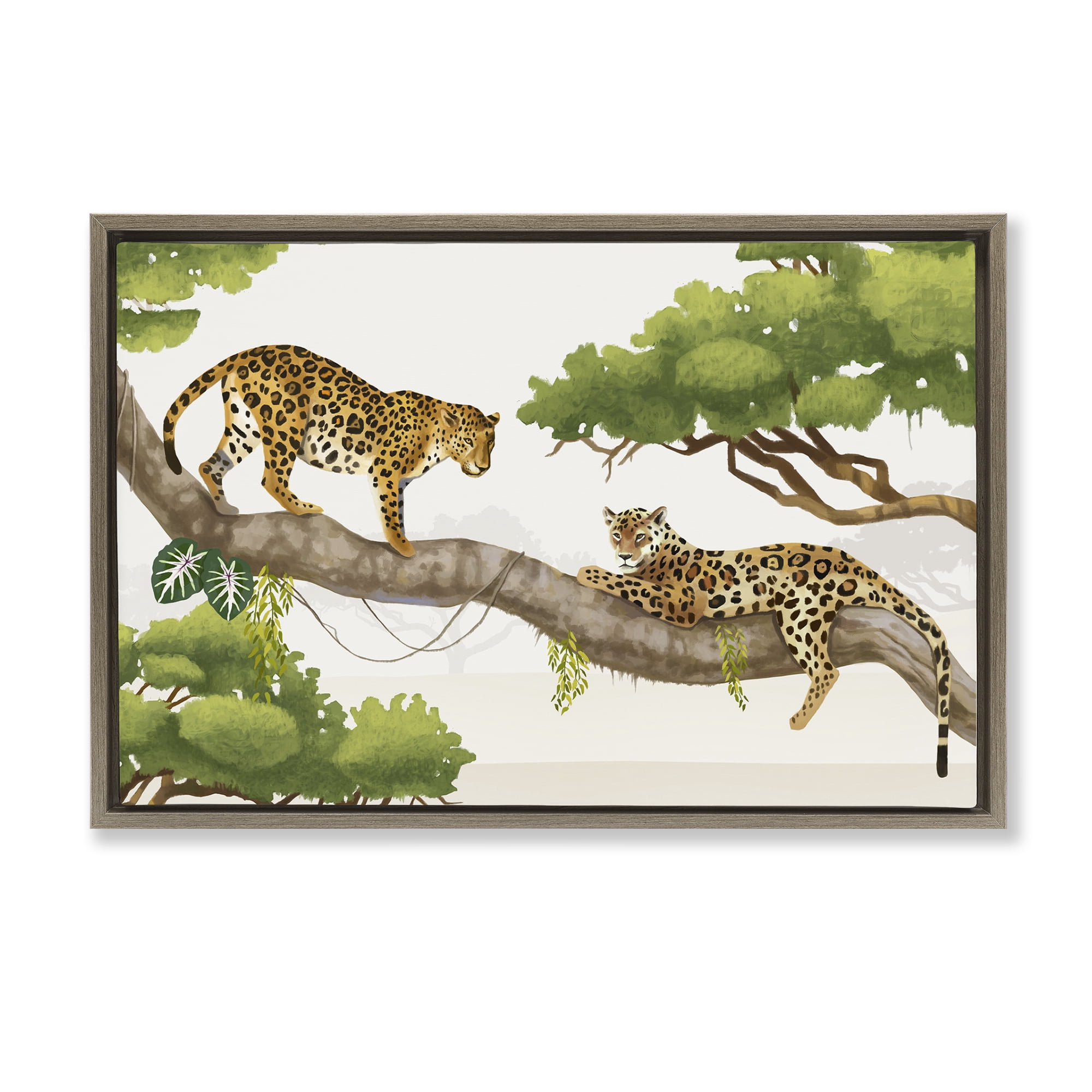 Stupell Industries Leopards Prowling on Branch Animals & Insects Painting Brown Floater Framed Canvas Art Print Wall Art, 31 x 21