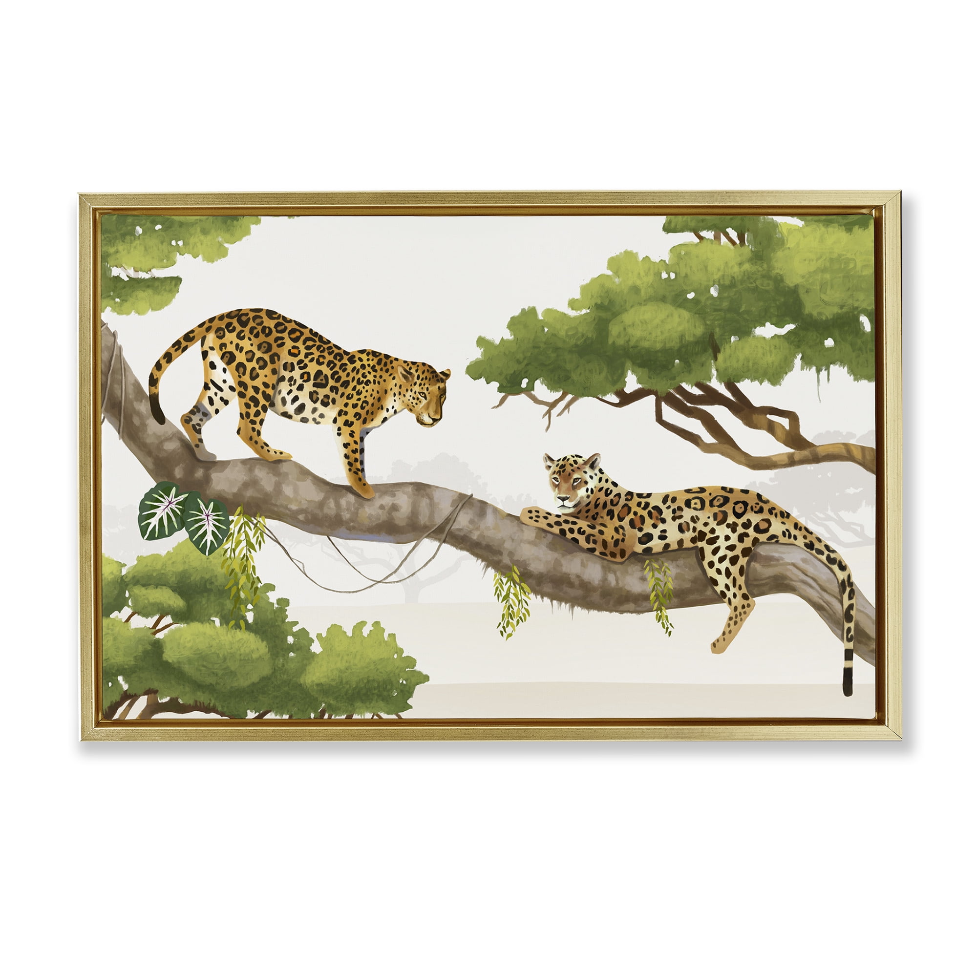 Stupell Industries Leopards Prowling on Branch Animals & Insects Painting Gold Floater Framed Canvas Art Print Wall Art, 31 x 21