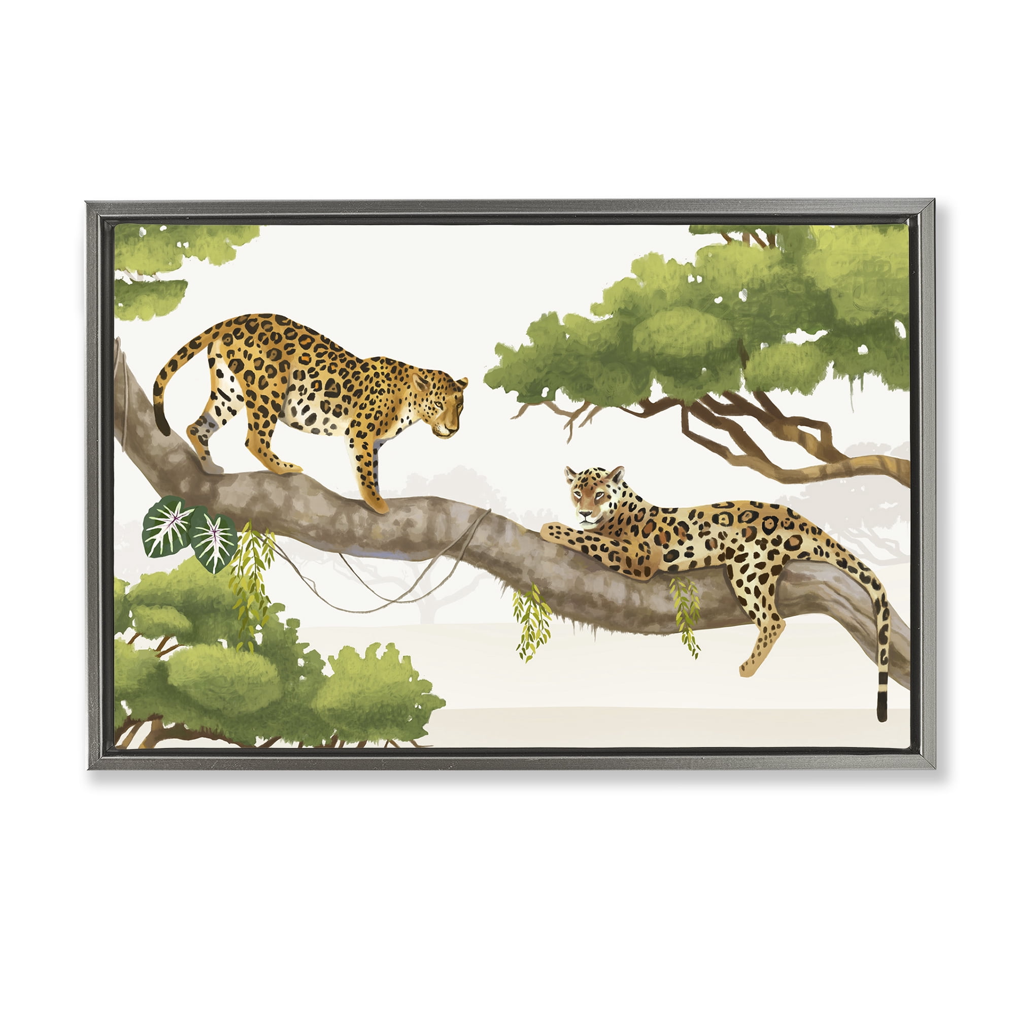 Stupell Industries Leopards Prowling on Branch Animals & Insects Painting Gray Floater Framed Canvas Art Print Wall Art, 25 x 17