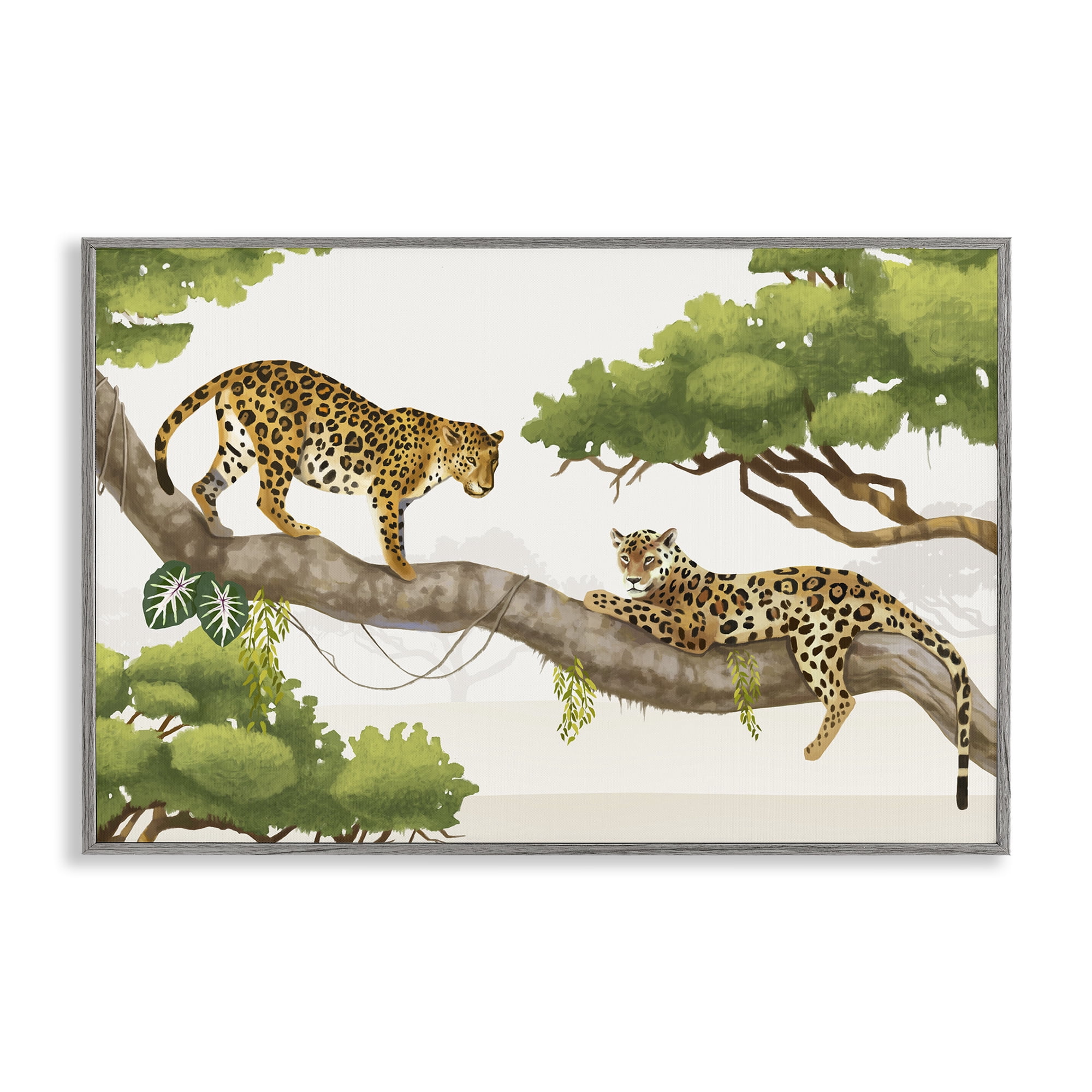 Stupell Industries Leopards Prowling on Branch Animals & Insects Painting Gray Framed Art Print Wall Art, 30 x 20