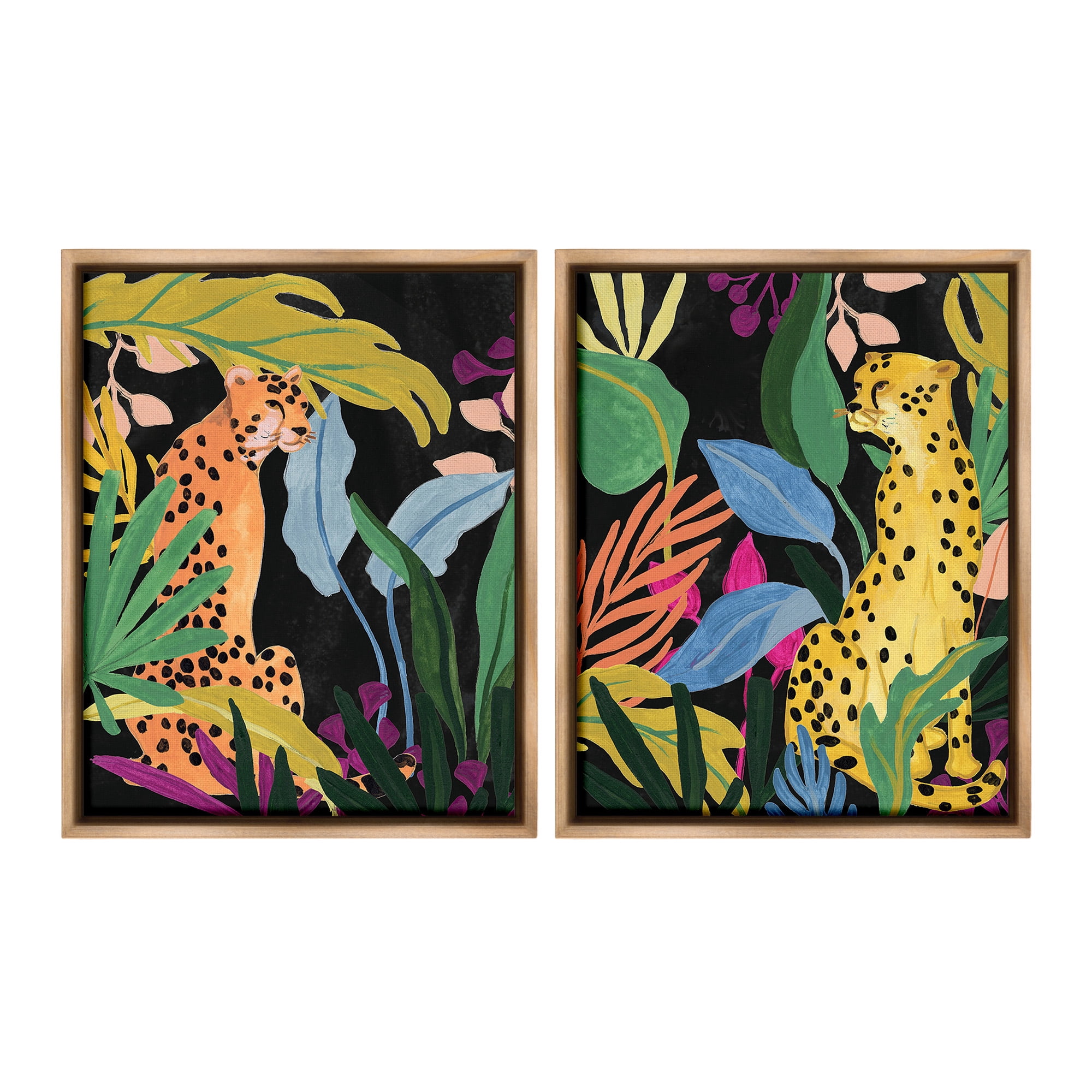 Stupell Industries Leopards & Tropical Leaves Animals & Insects Painting Brown Floater Framed Canvas Art Print Wall Art, 25 x 31, Set of 2