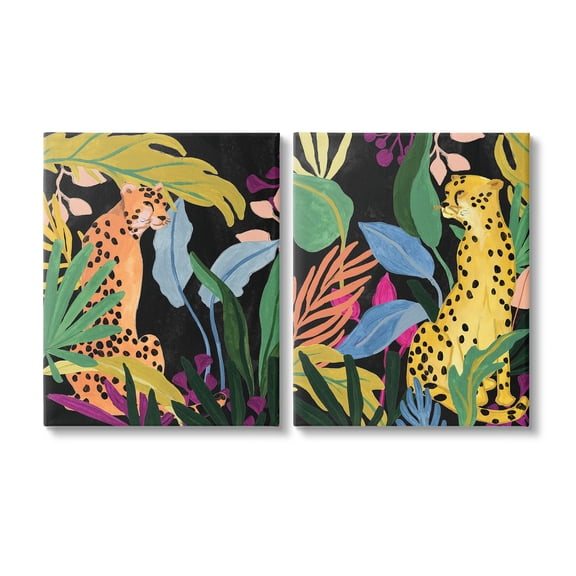 Stupell Industries Leopards & Tropical Leaves Animals & Insects Painting Gallery Wrapped Canvas Art Print Wall Art, 16 x 20, Set of 2