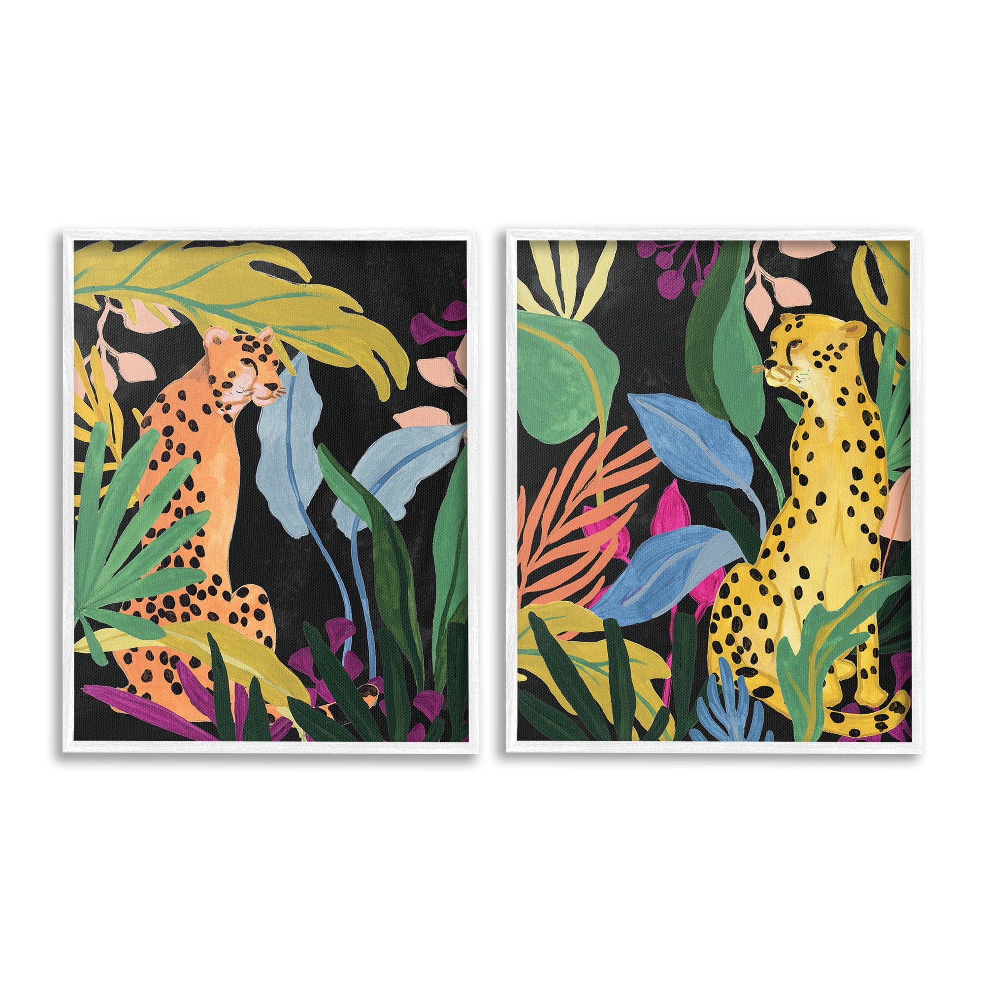 Stupell Industries Leopards & Tropical Leaves Animals & Insects Painting White Framed Art Print Wall Art, 11 x 14, Set of 2
