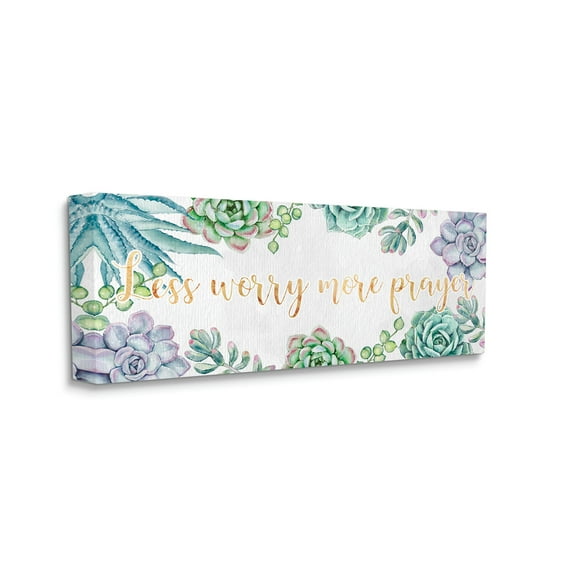 Stupell Industries Less Worry More Prayer Blooming Succulent Plants Botanical & Floral Painting Gallery Wrapped Canvas Art Print Wall Art, 17 x 40