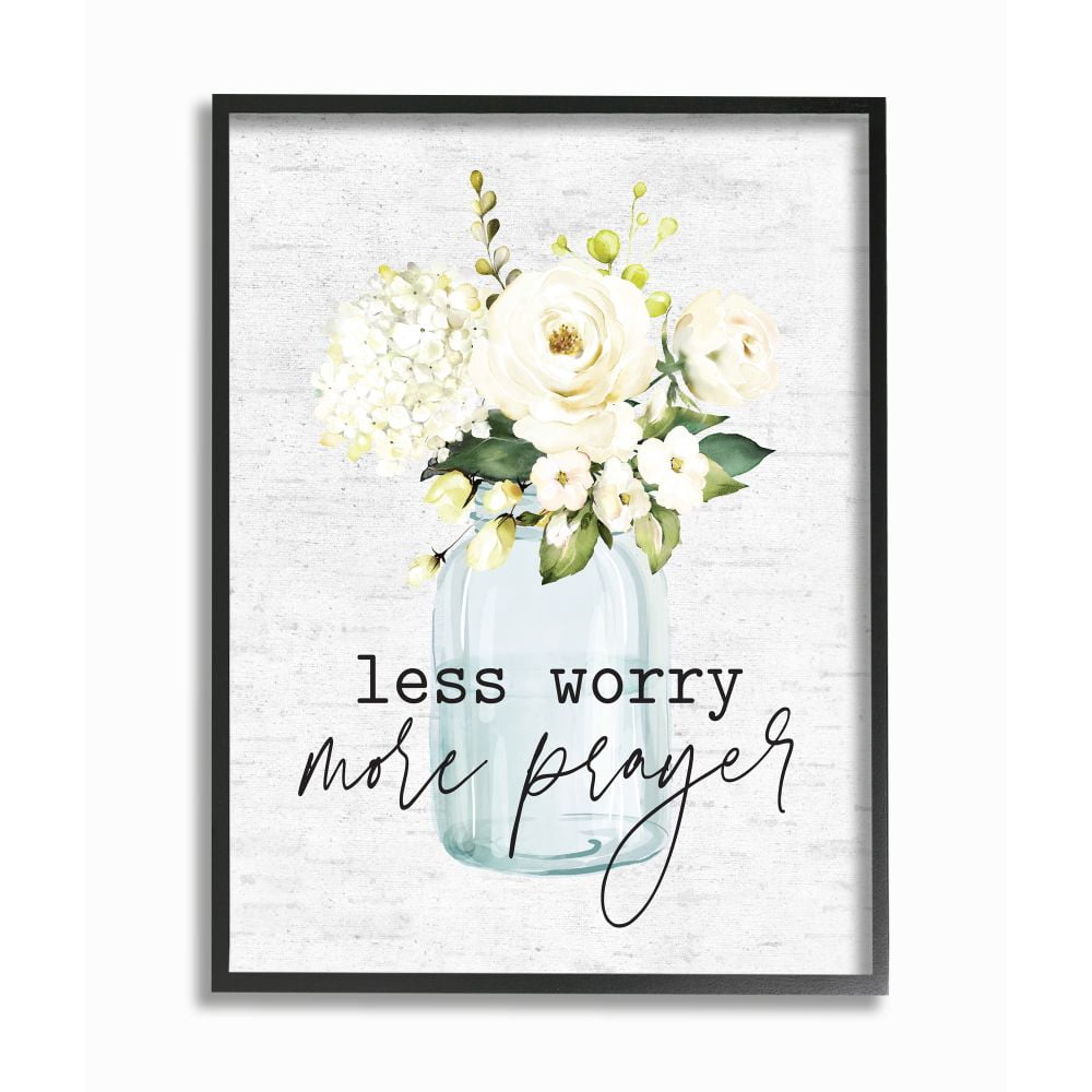 Stupell Industries Less Worry More Prayer Phrase Cottage Floral Bouquet Framed Wall Art Design by Lettered and Lined