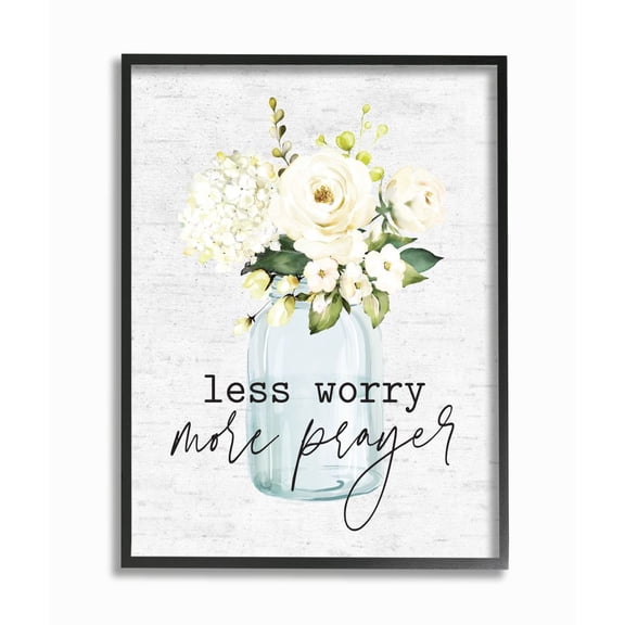 Stupell Industries Less Worry More Prayer Phrase Cottage Floral Bouquet Framed Wall Art Design by Lettered and Lined