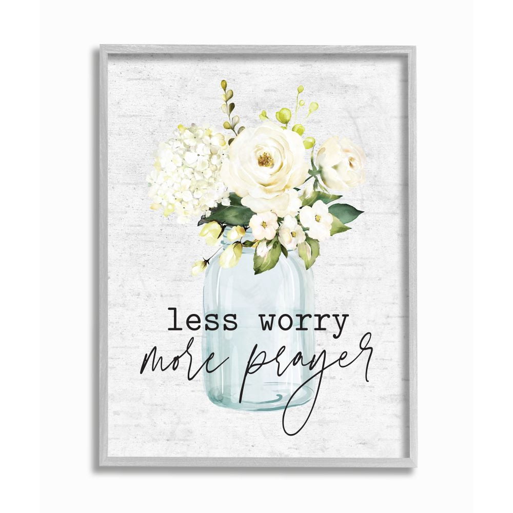 Stupell Industries Less Worry More Prayer Phrase Cottage Floral Bouquet Framed Wall Art Design by Lettered and Lined, 16" x 20", Gray Framed
