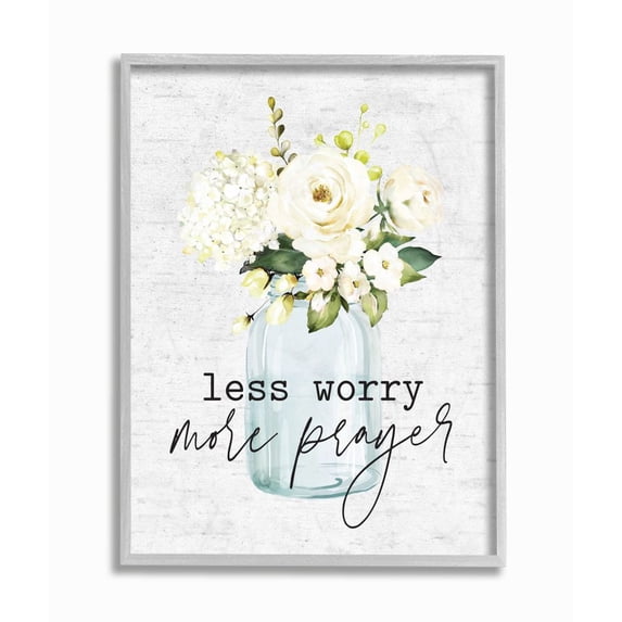 Stupell Industries Less Worry More Prayer Phrase Cottage Floral Bouquet Framed Wall Art Design by Lettered and Lined, 16" x 20", Gray Framed
