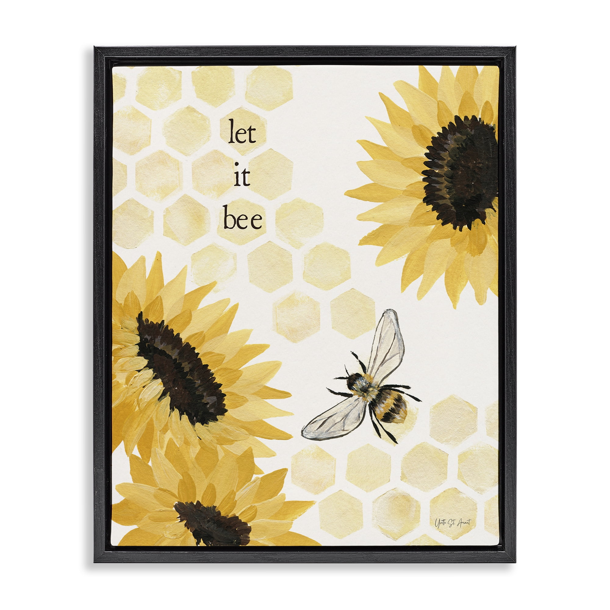 Stupell Industries Let It Bee Honeycomb Botanical & Floral Painting Black Floater Framed Canvas Art Print Wall Art, 25 x 31