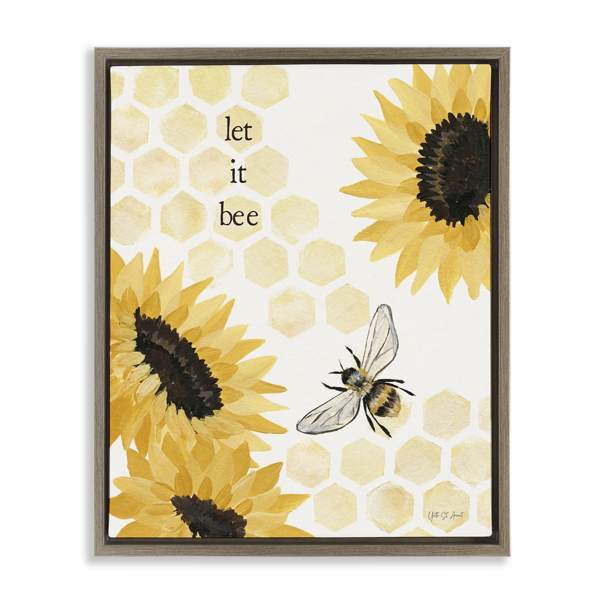 Stupell Industries Let It Bee Honeycomb Botanical & Floral Painting Brown Floater Framed Canvas Art Print Wall Art, 17 x 21