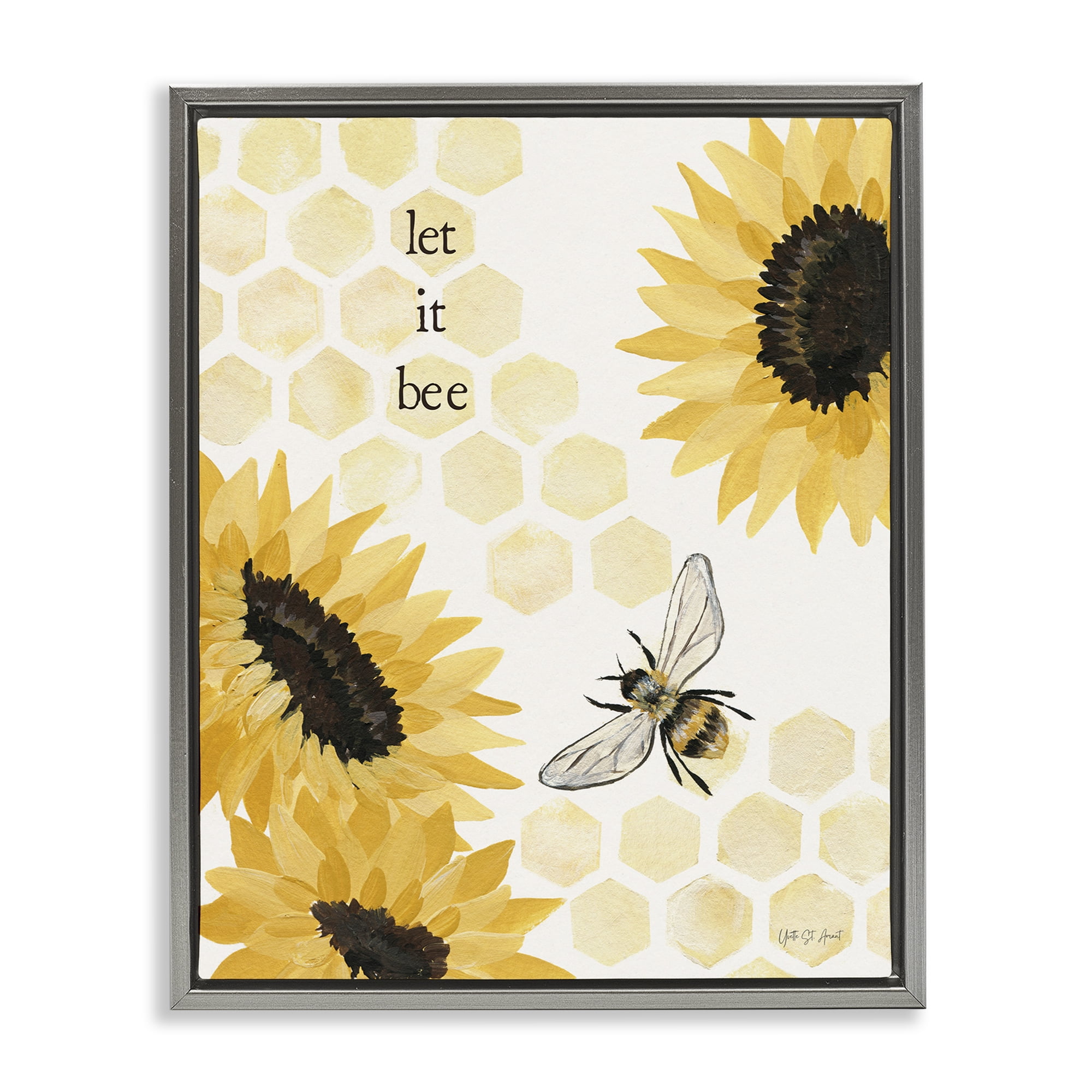 Stupell Industries Let It Bee Honeycomb Botanical & Floral Painting Gray Floater Framed Canvas Art Print Wall Art, 17 x 21